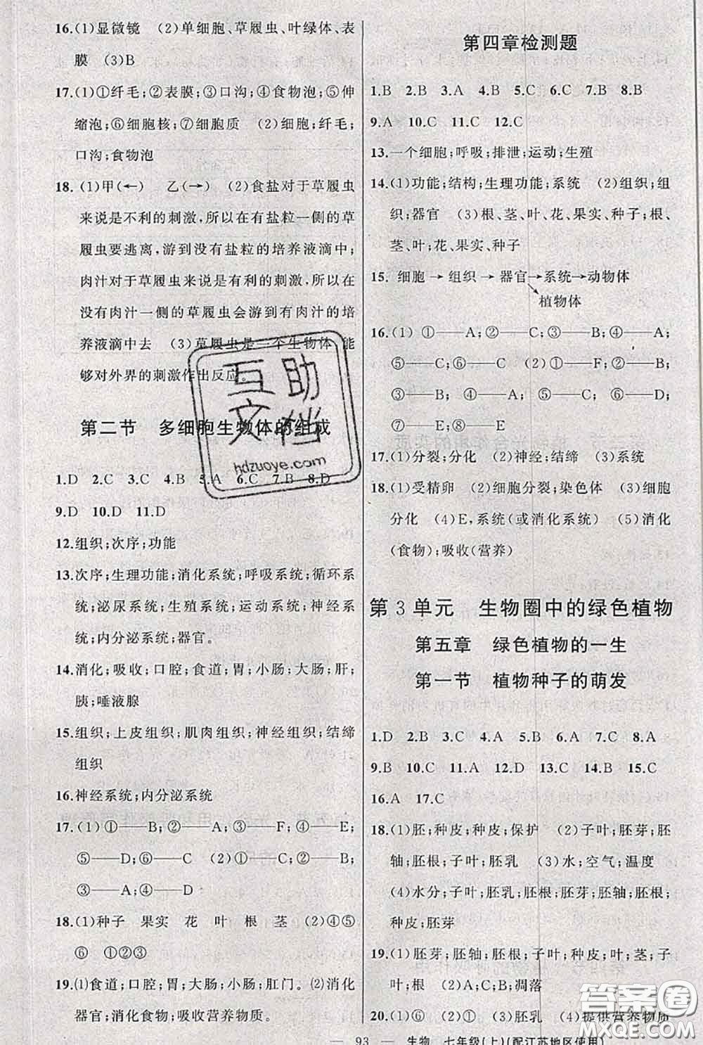 新疆青少年出版社2020秋原創(chuàng)新課堂七年級生物上冊江蘇版答案