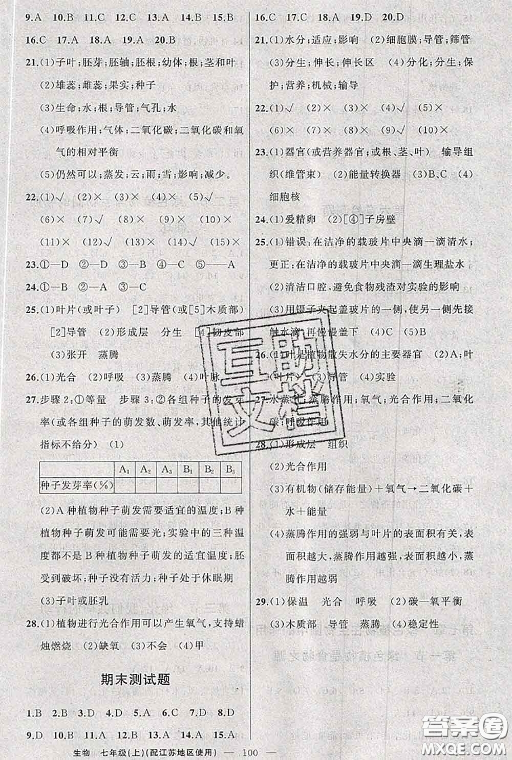 新疆青少年出版社2020秋原創(chuàng)新課堂七年級生物上冊江蘇版答案