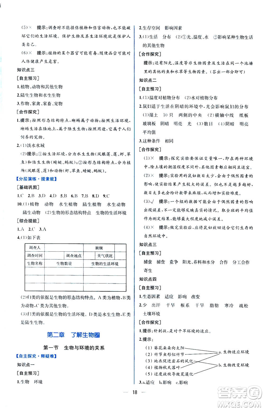 人民教育出版社2020年同步學(xué)歷案課時(shí)練生物學(xué)七年級(jí)上冊(cè)人教版答案