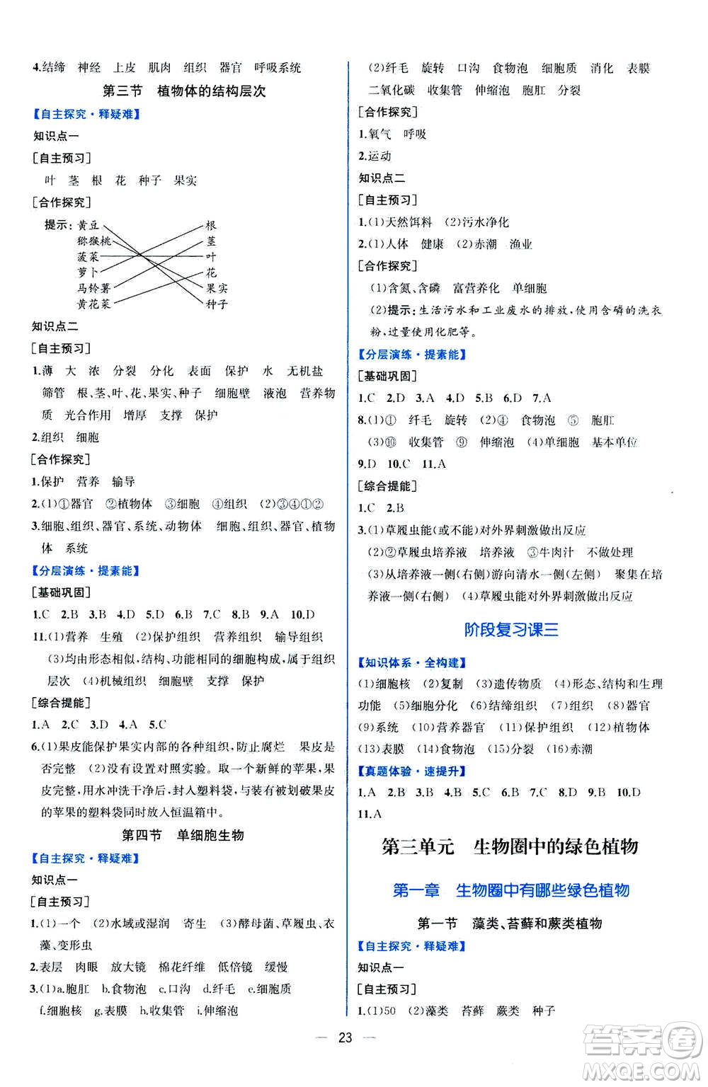 人民教育出版社2020年同步學(xué)歷案課時(shí)練生物學(xué)七年級(jí)上冊(cè)人教版答案