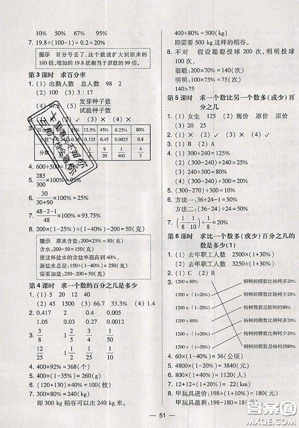 2020秋北大綠卡課時(shí)同步訓(xùn)練六年級(jí)數(shù)學(xué)上冊(cè)人教版參考答案