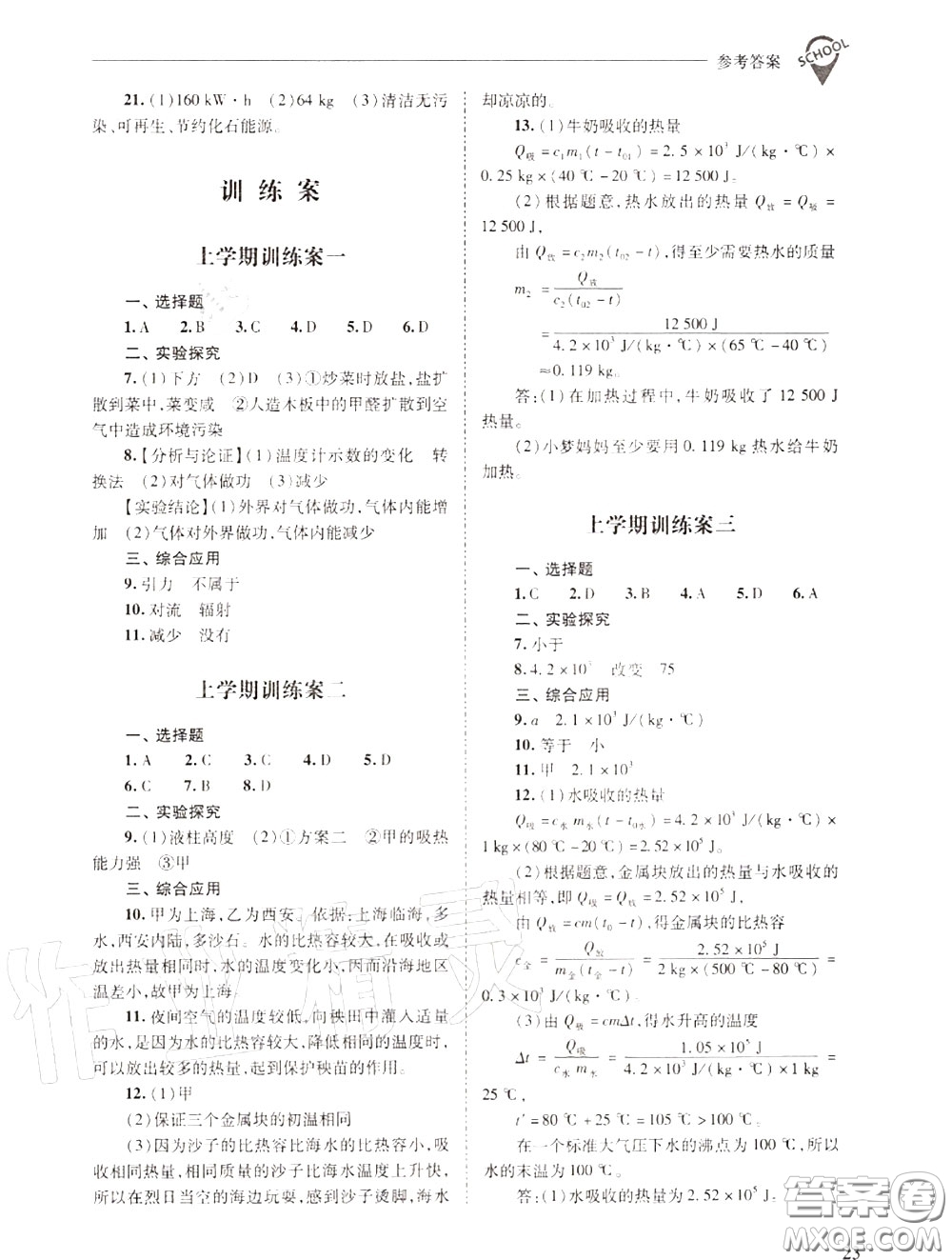 2020年新課程問題解決導(dǎo)學(xué)方案九年級物理上冊人教版答案