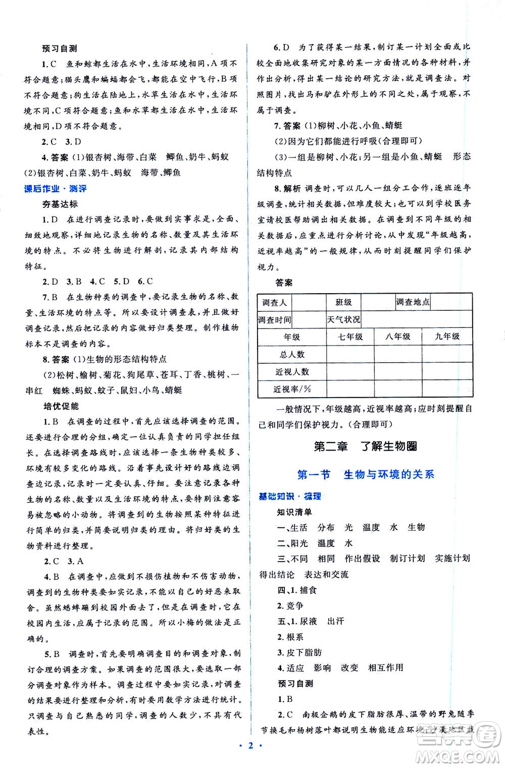 2020年人教金學典同步解析與測評學考練七年級生物學上冊答案