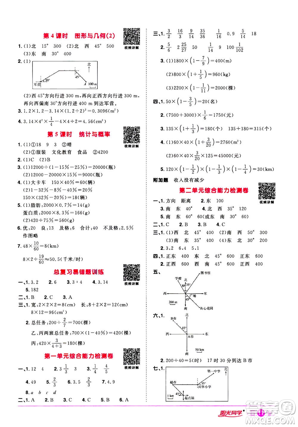 浙江教育出版社2020年陽光同學(xué)課時(shí)達(dá)標(biāo)訓(xùn)練六年級(jí)數(shù)學(xué)上冊(cè)人教版浙江專版答案