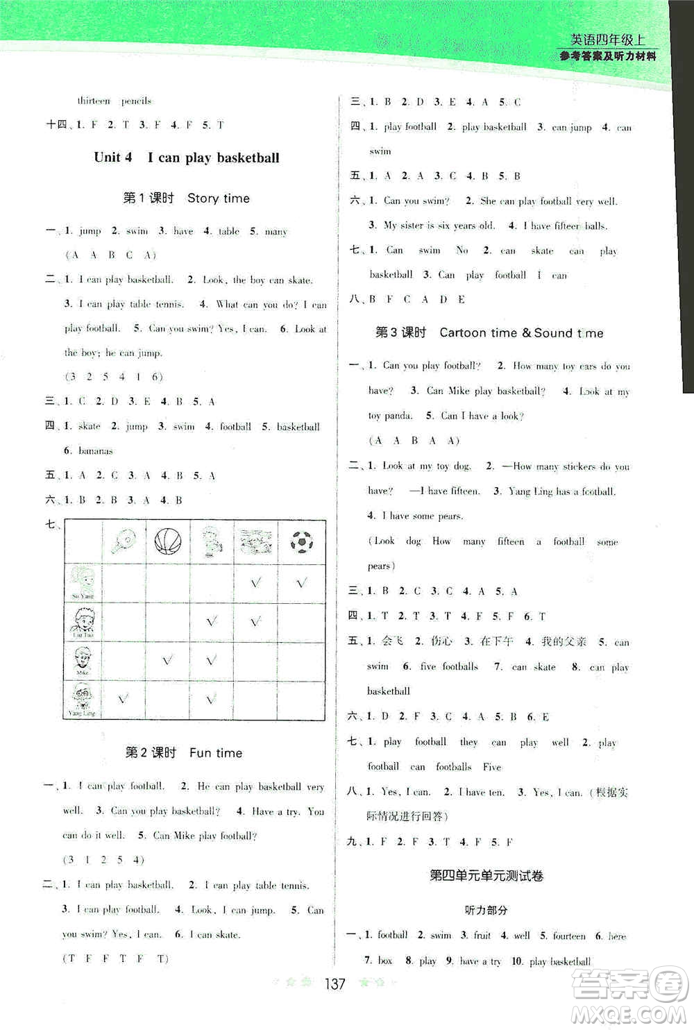 江蘇鳳凰美術(shù)出版社2020創(chuàng)新課時作業(yè)本四年級英語上冊江蘇版答案