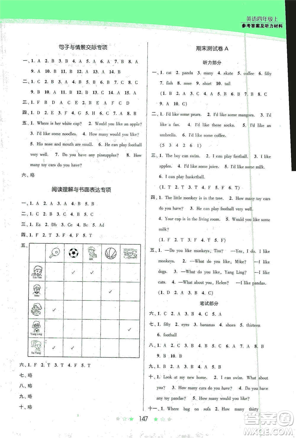 江蘇鳳凰美術(shù)出版社2020創(chuàng)新課時作業(yè)本四年級英語上冊江蘇版答案