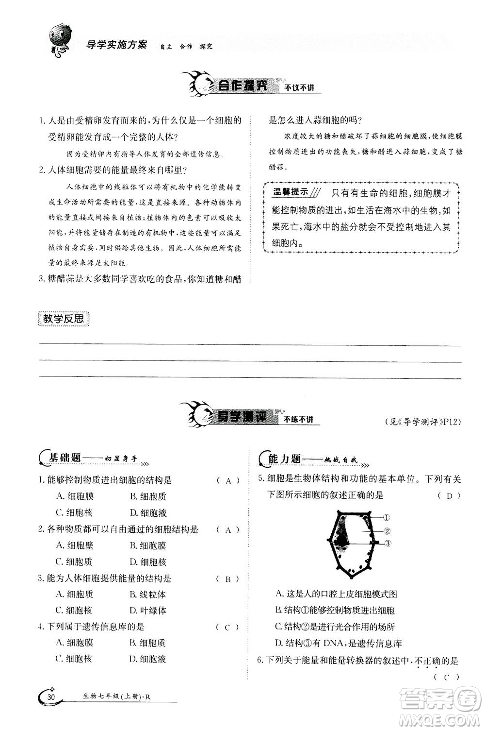 江西高校出版社2020年金太陽導(dǎo)學(xué)案生物七年級上冊人教版答案