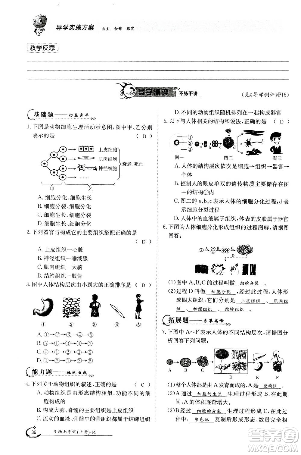 江西高校出版社2020年金太陽導(dǎo)學(xué)案生物七年級上冊人教版答案