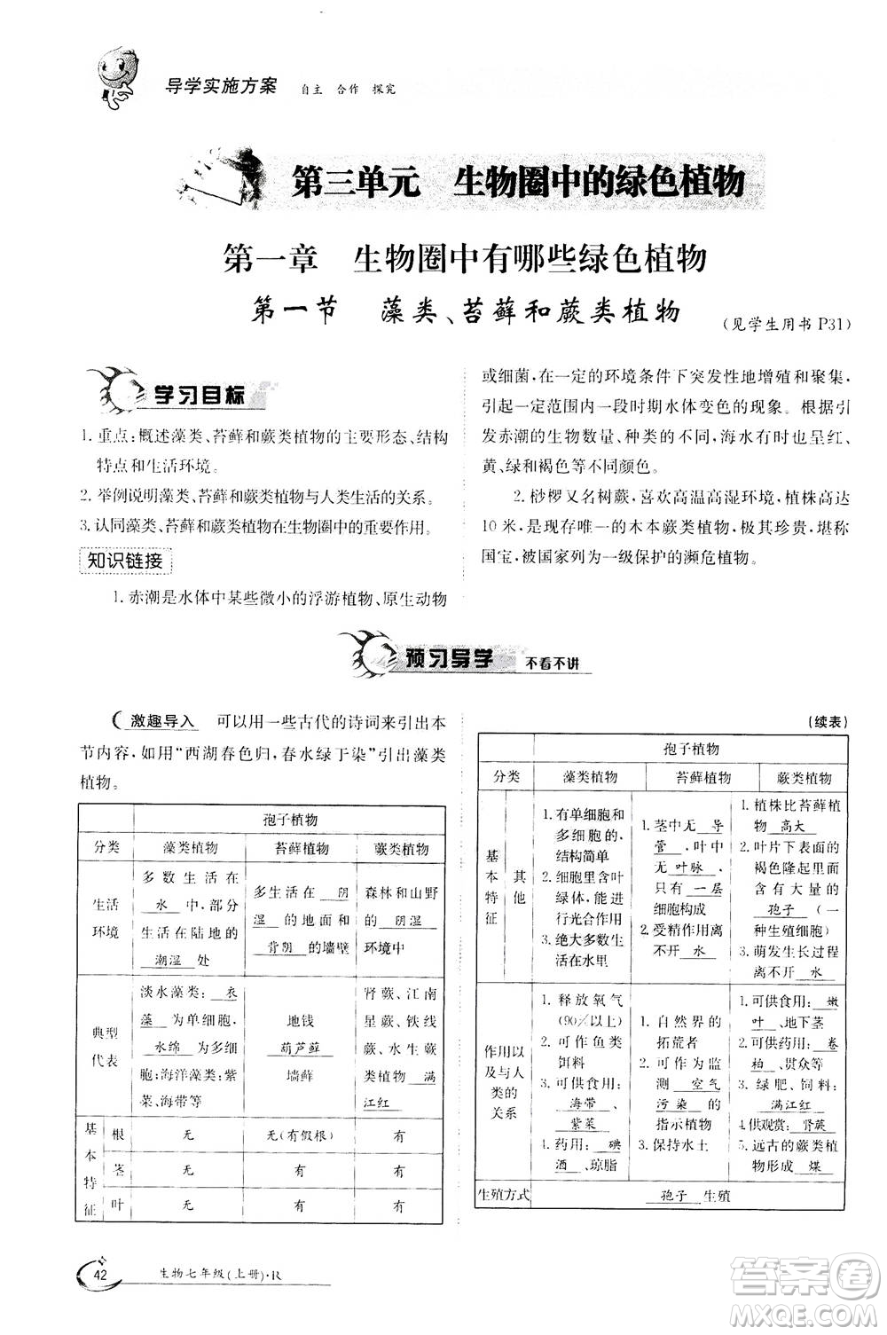 江西高校出版社2020年金太陽導(dǎo)學(xué)案生物七年級上冊人教版答案