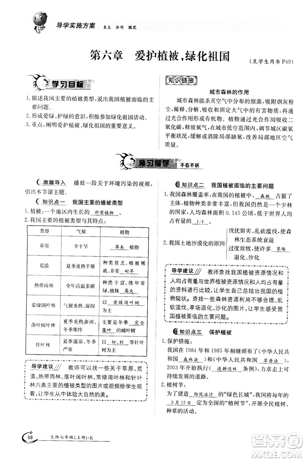 江西高校出版社2020年金太陽導(dǎo)學(xué)案生物七年級上冊人教版答案