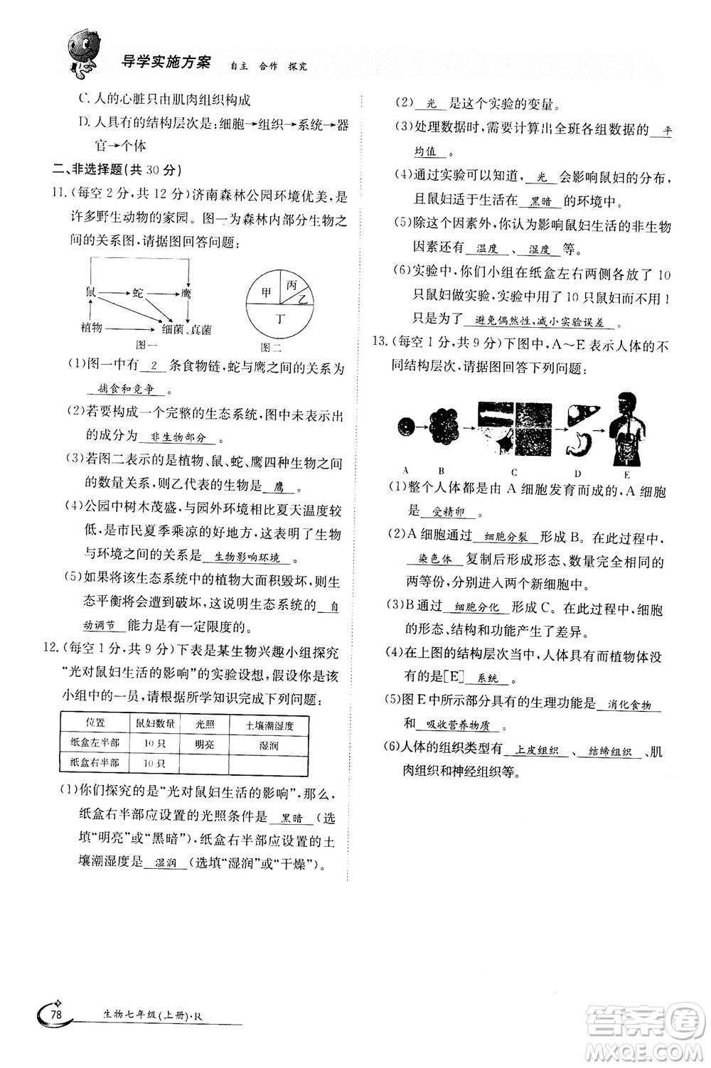 江西高校出版社2020年金太陽導(dǎo)學(xué)案生物七年級上冊人教版答案