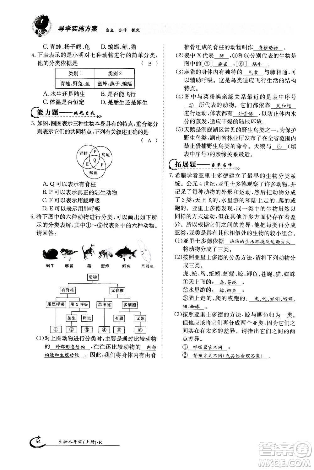 江西高校出版社2020年金太陽(yáng)導(dǎo)學(xué)案生物八年級(jí)上冊(cè)人教版答案