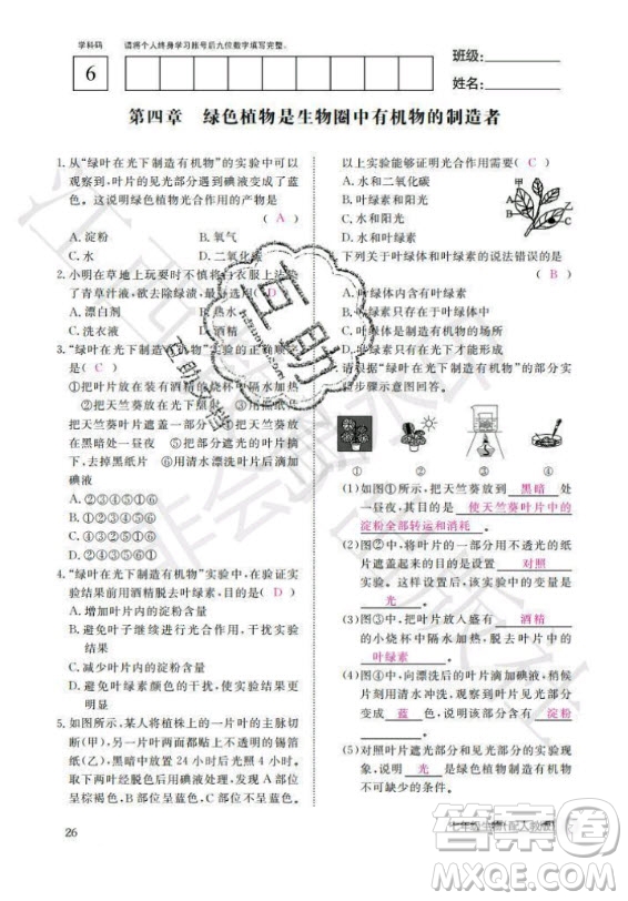 江西教育出版社2020年生物作業(yè)本七年級(jí)上冊(cè)人教版答案