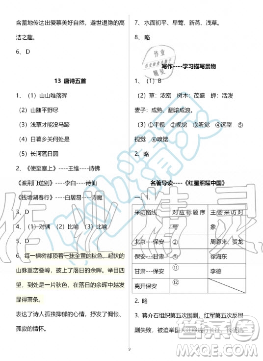 人民教育出版社2020年語文練習(xí)部分八年級第一學(xué)期人教版五四制答案