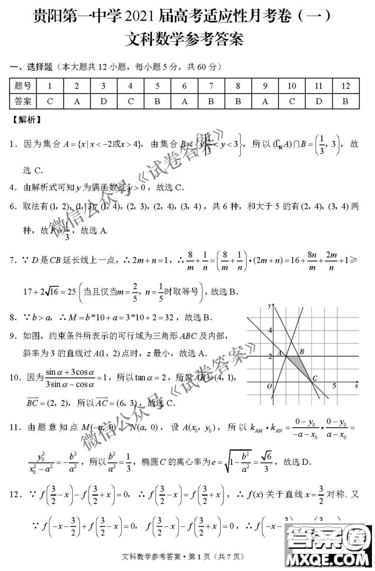 2021屆西南名校聯(lián)盟高三復習備考聯(lián)合質(zhì)量檢測卷二文科數(shù)學試題及答案