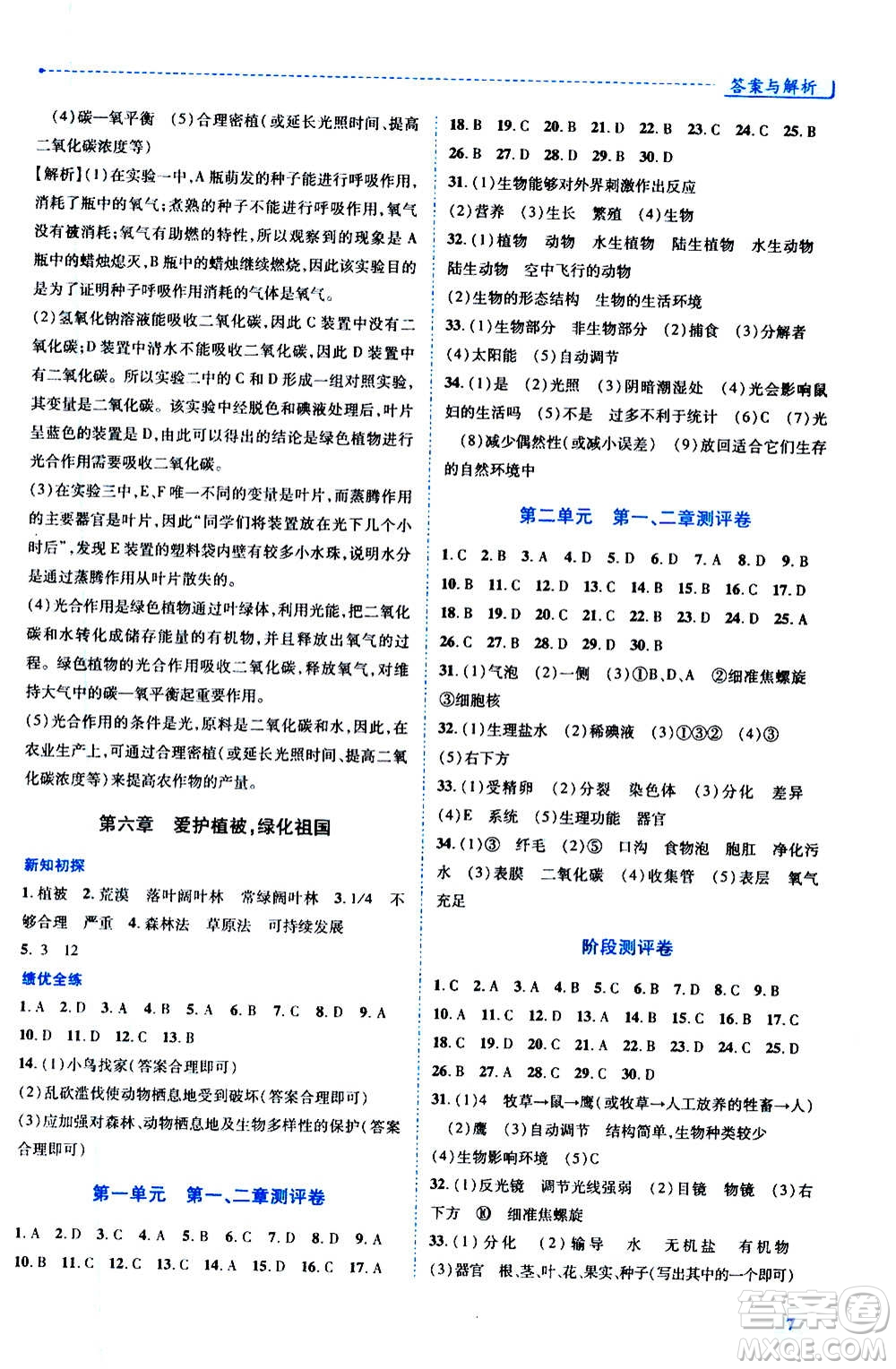 陜西師范大學(xué)出版總社2020年績優(yōu)學(xué)案生物學(xué)七年級上冊人教版答案