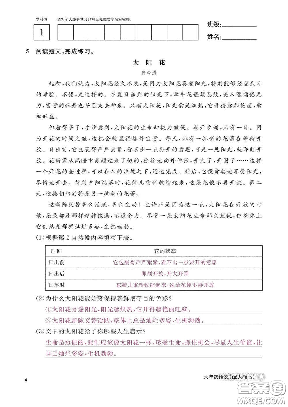 江西教育出版社2020語(yǔ)文作業(yè)本六年級(jí)語(yǔ)文上冊(cè)人教版答案