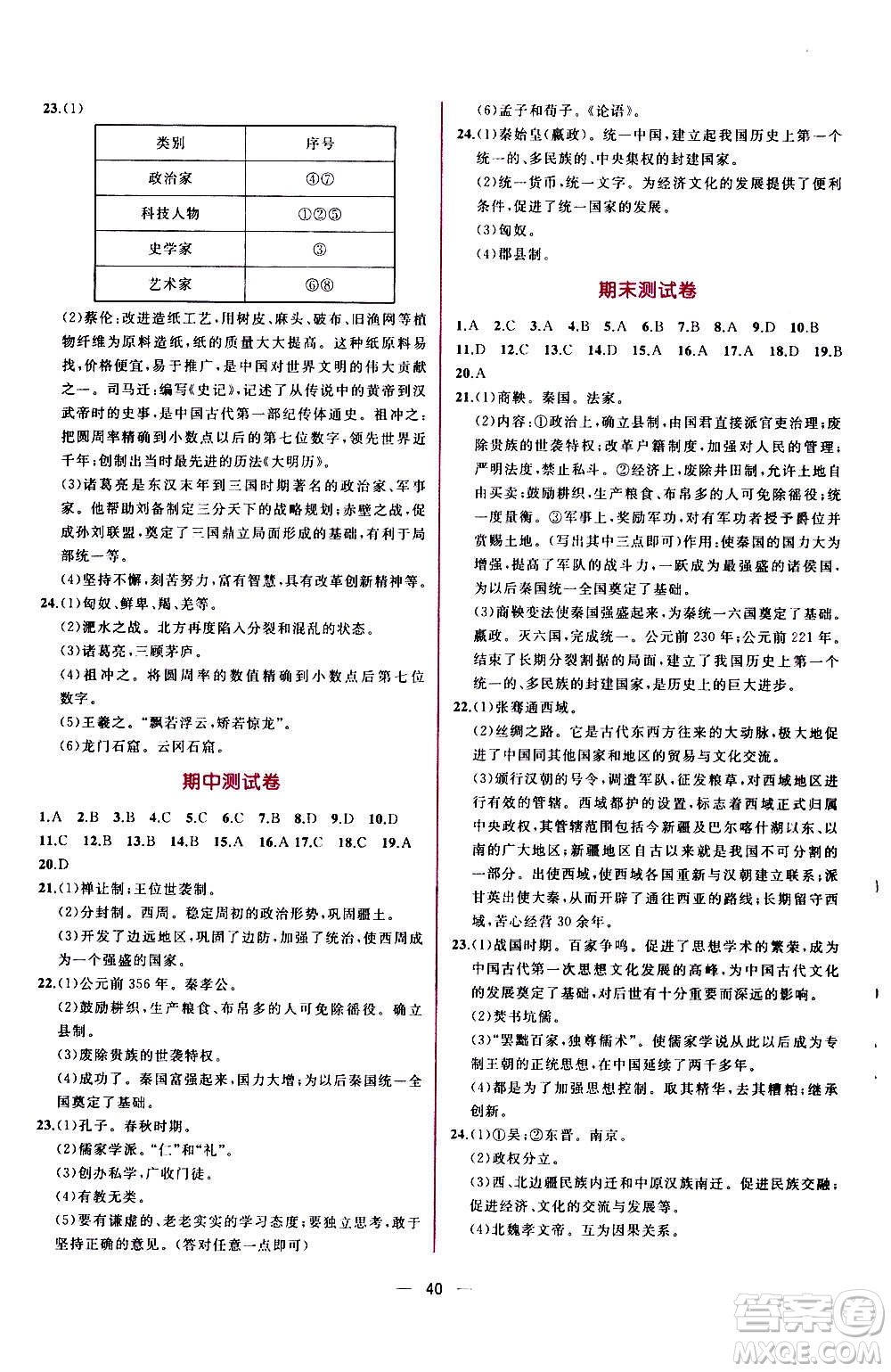 人民教育出版社2020年同步學歷案課時練中國歷史七年級上冊人教版答案