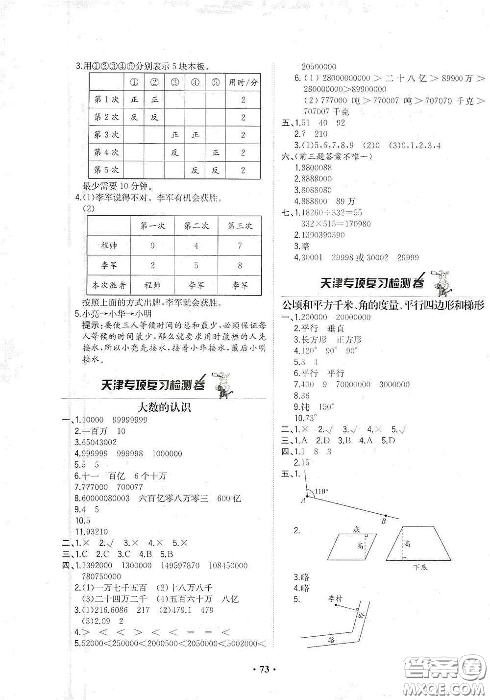 現(xiàn)代教育出版社2020陽(yáng)光課堂質(zhì)監(jiān)天津單元檢測(cè)卷四年級(jí)數(shù)學(xué)上冊(cè)答案