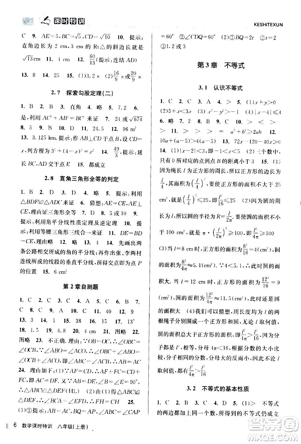 浙江人民出版社2020年課時特訓數(shù)學八年級上冊Z浙教版答案