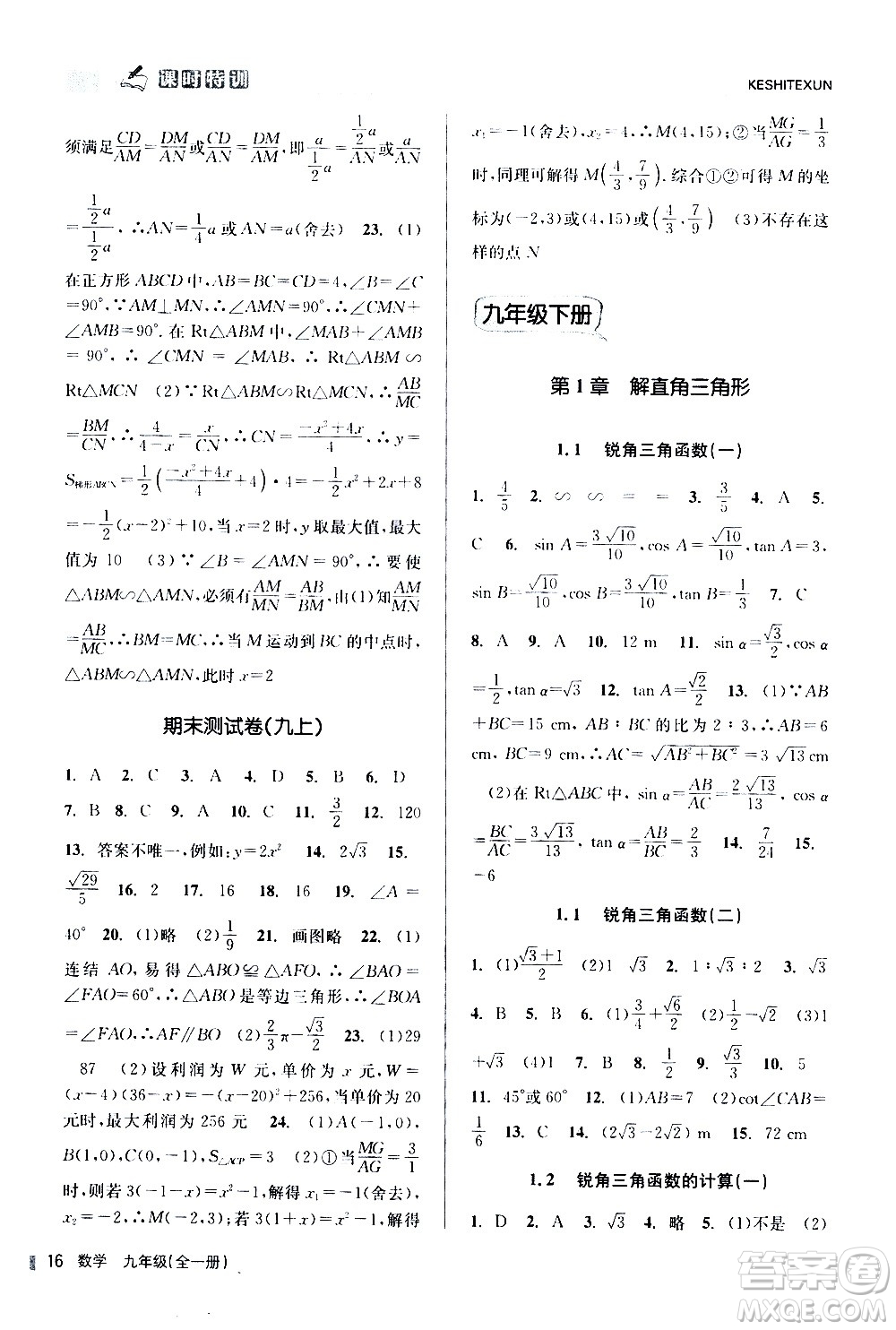 浙江人民出版社2020年課時(shí)特訓(xùn)數(shù)學(xué)九年級全一冊Z浙教版答案