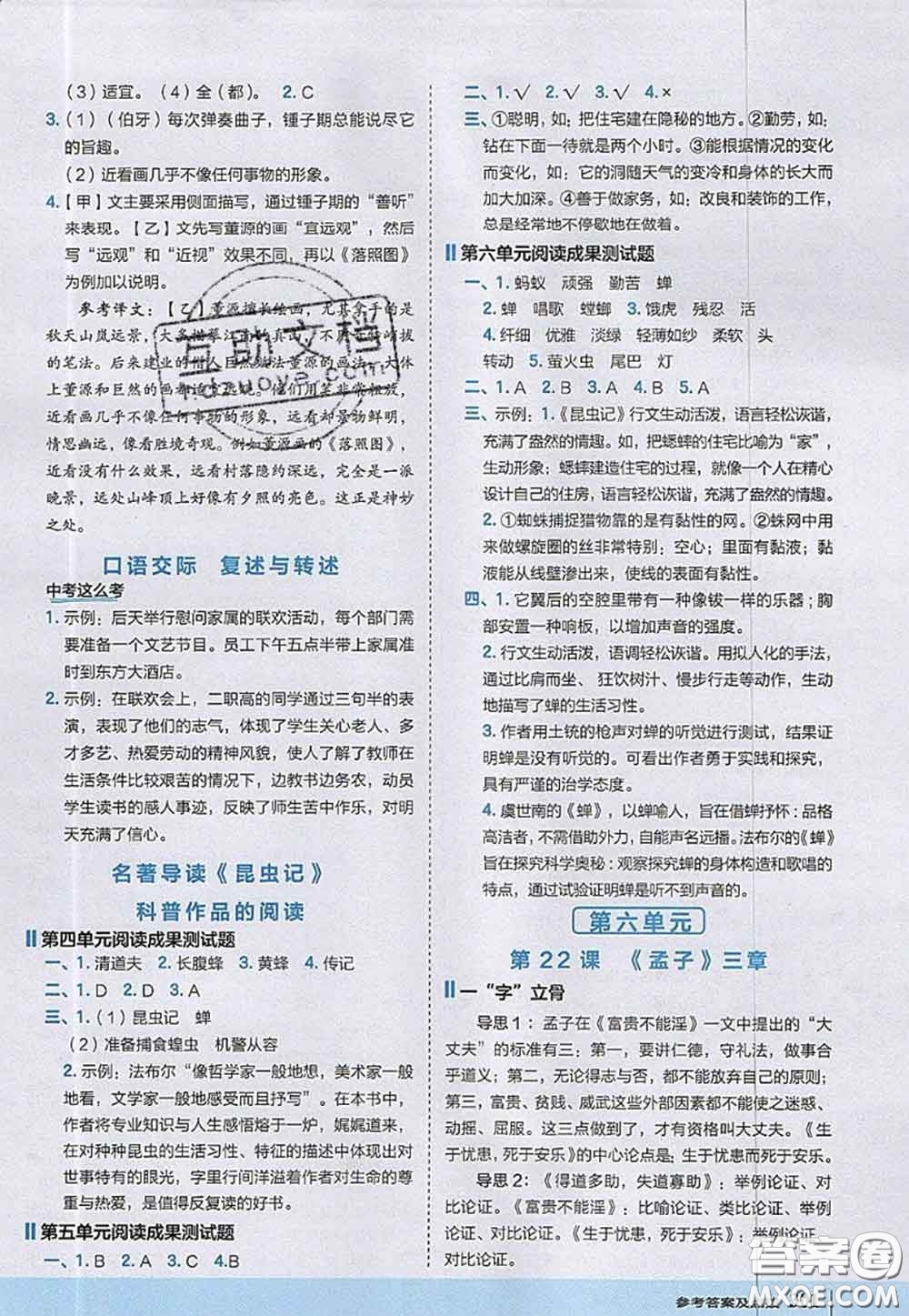 2020秋榮德基特高級(jí)教師點(diǎn)撥八年級(jí)語(yǔ)文上冊(cè)人教版參考答案