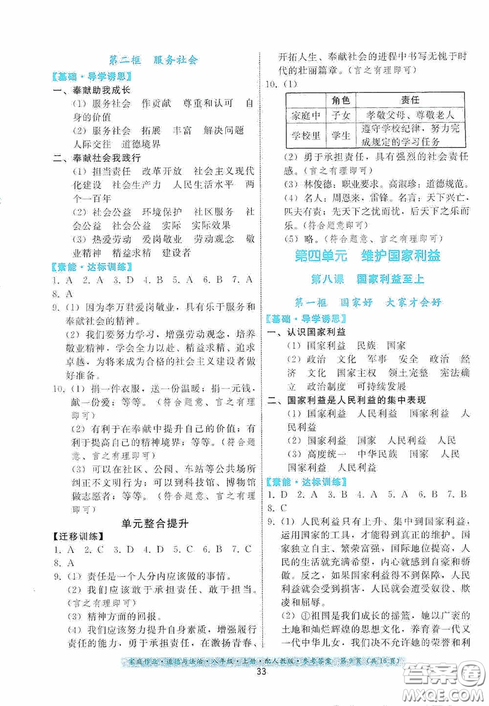 貴州科技出版社2020家庭作業(yè)八年級道德與法治上冊人教版答案