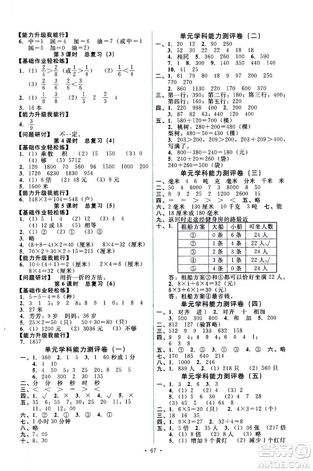 人民教育出版社2020年能力培養(yǎng)與測試數(shù)學(xué)三年級上冊人教版湖南專版答案