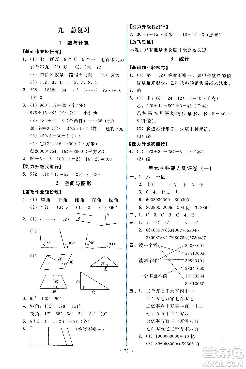 人民教育出版社2020年能力培養(yǎng)與測試數(shù)學(xué)四年級上冊人教版湖南專版答案