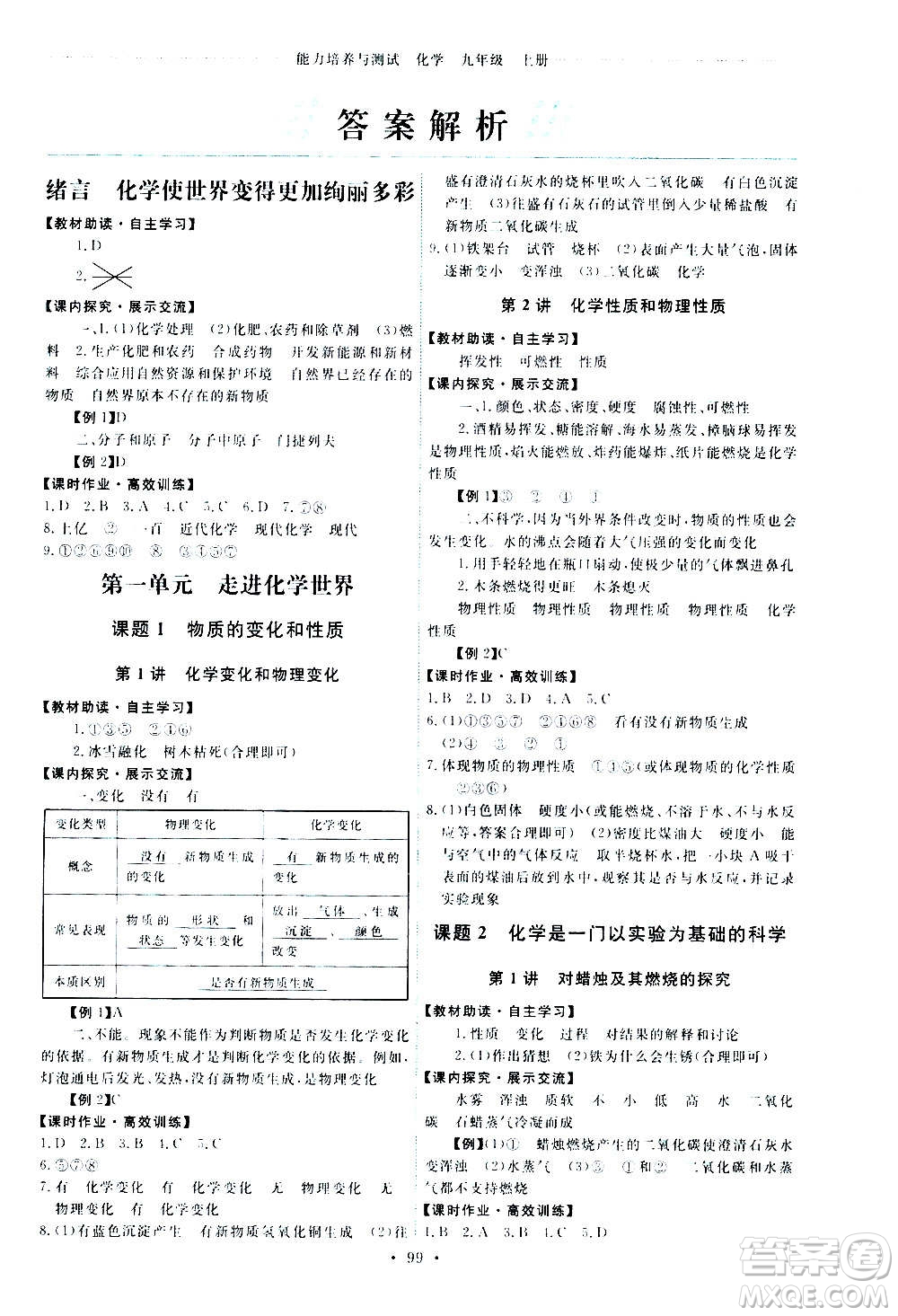 人民教育出版社2020年能力培養(yǎng)與測(cè)試化學(xué)九年級(jí)上冊(cè)人教版答案