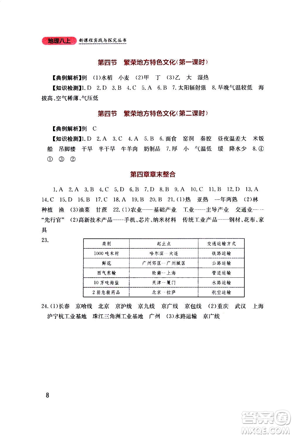 四川教育出版社2020年新課程實(shí)踐與探究叢書地理八年級(jí)上冊(cè)星球版答案