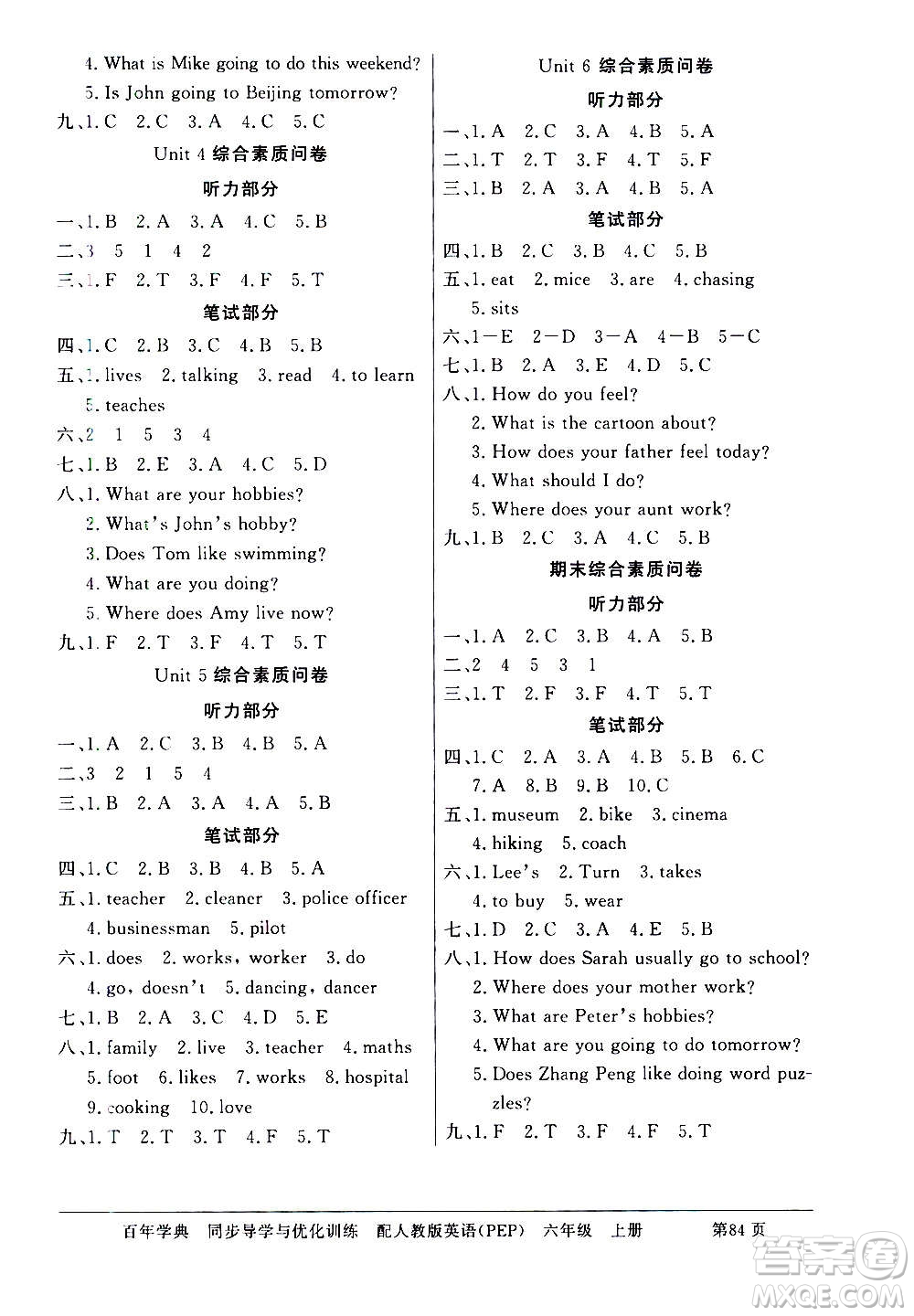 2020年百年學(xué)典同步導(dǎo)學(xué)與優(yōu)化訓(xùn)練英語六年級(jí)上冊(cè)人教版答案