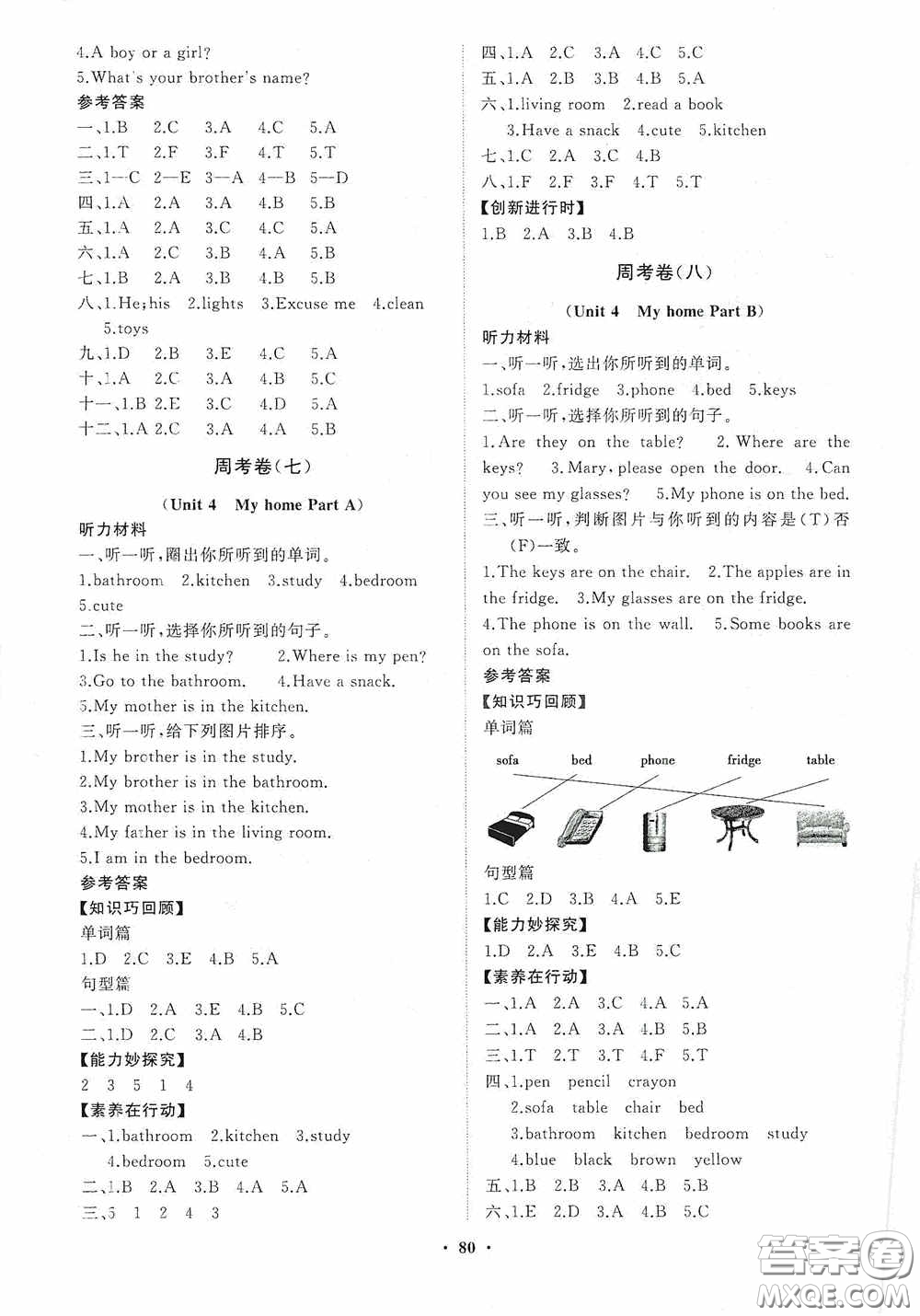 山東教育出版社2020小學(xué)同步練習(xí)冊分層卷四年級英語上冊人教版答案