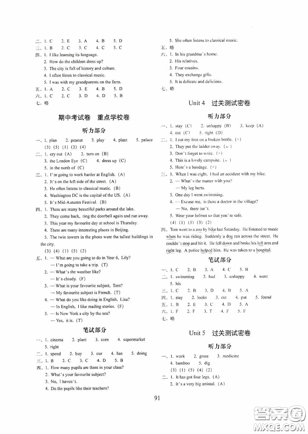 開明出版社2020小學期末沖刺100分完全試卷六年級英語上冊外研版武漢專用答案