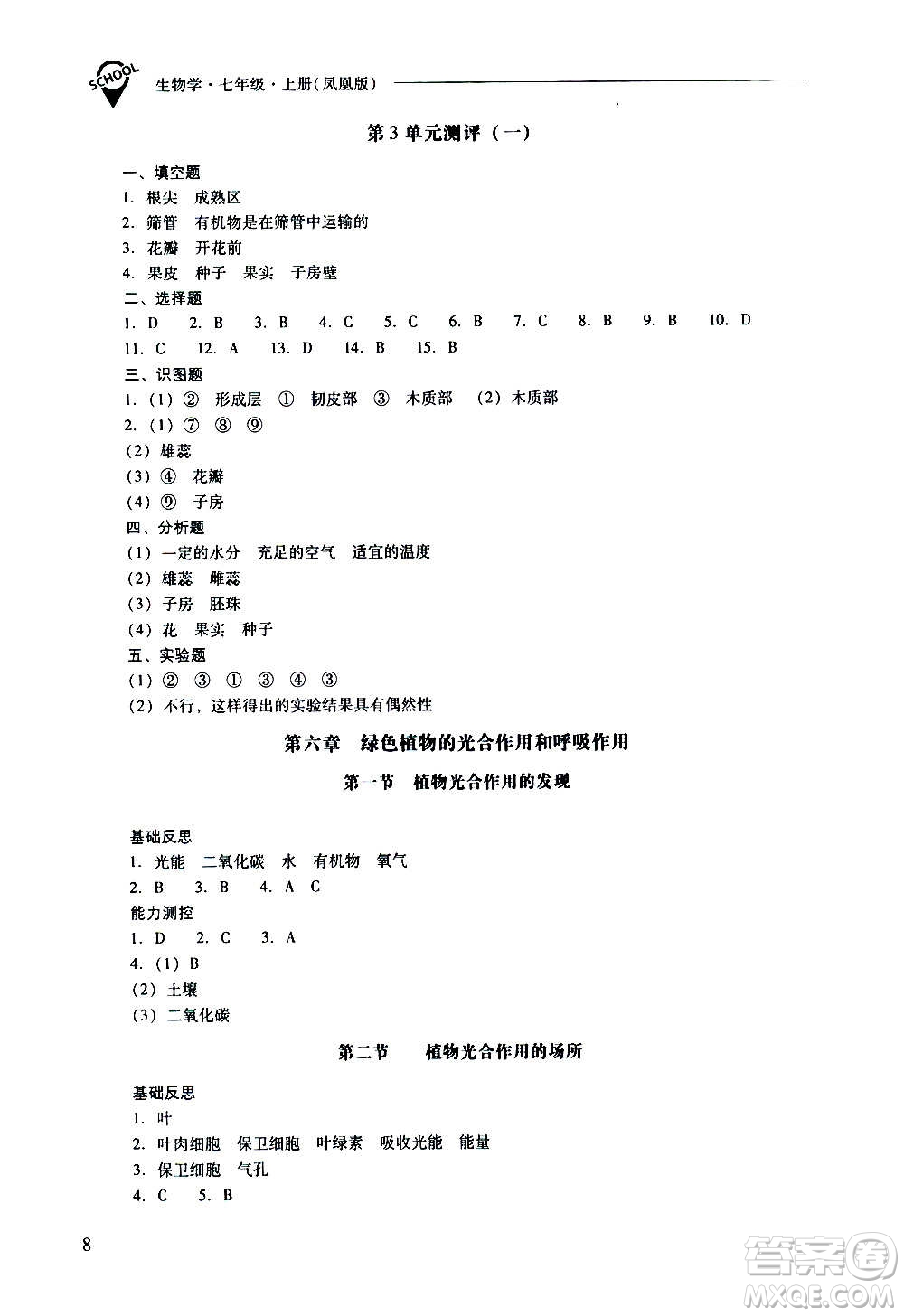 2020秋新課程問(wèn)題解決導(dǎo)學(xué)方案七年級(jí)生物學(xué)上冊(cè)鳳凰版參考答案