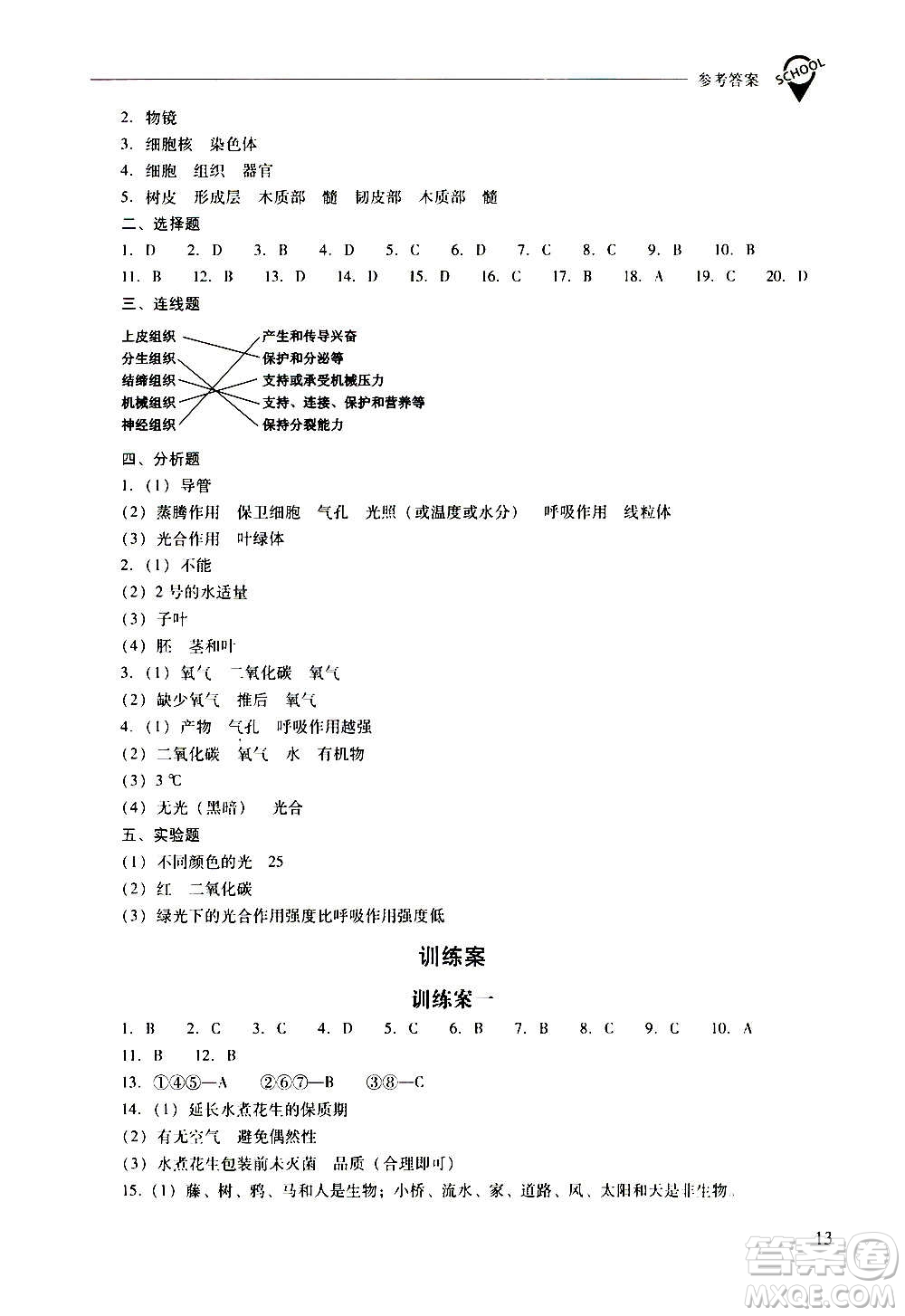 2020秋新課程問(wèn)題解決導(dǎo)學(xué)方案七年級(jí)生物學(xué)上冊(cè)鳳凰版參考答案