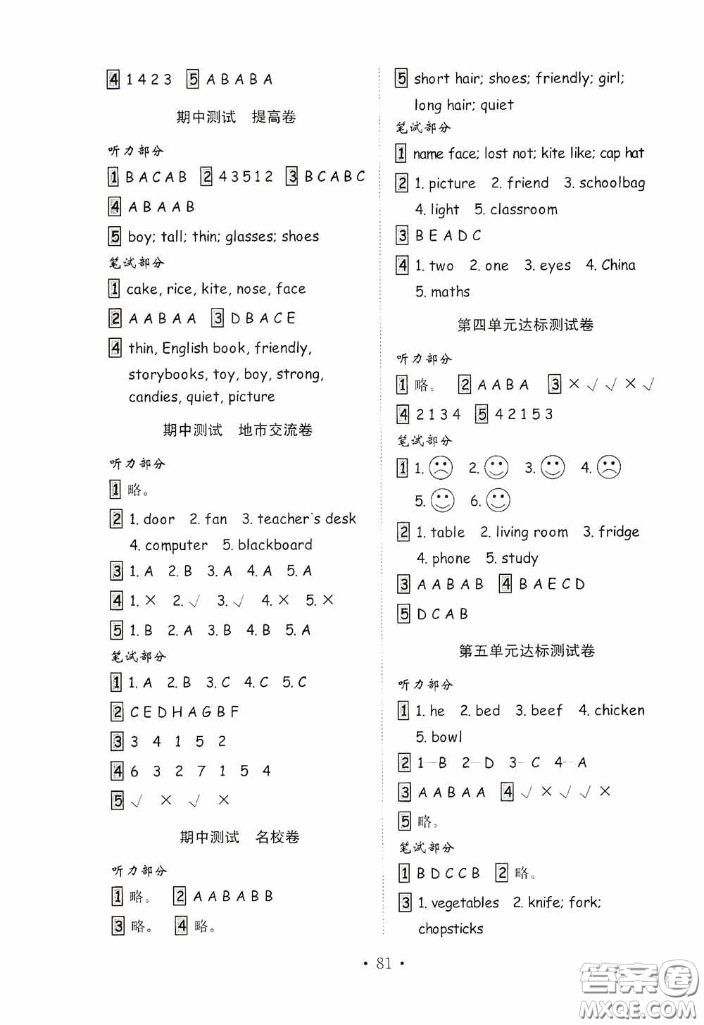 山東教育出版社2020小學(xué)英語試卷金鑰匙四年級上冊人教PEP版三年級起點答案