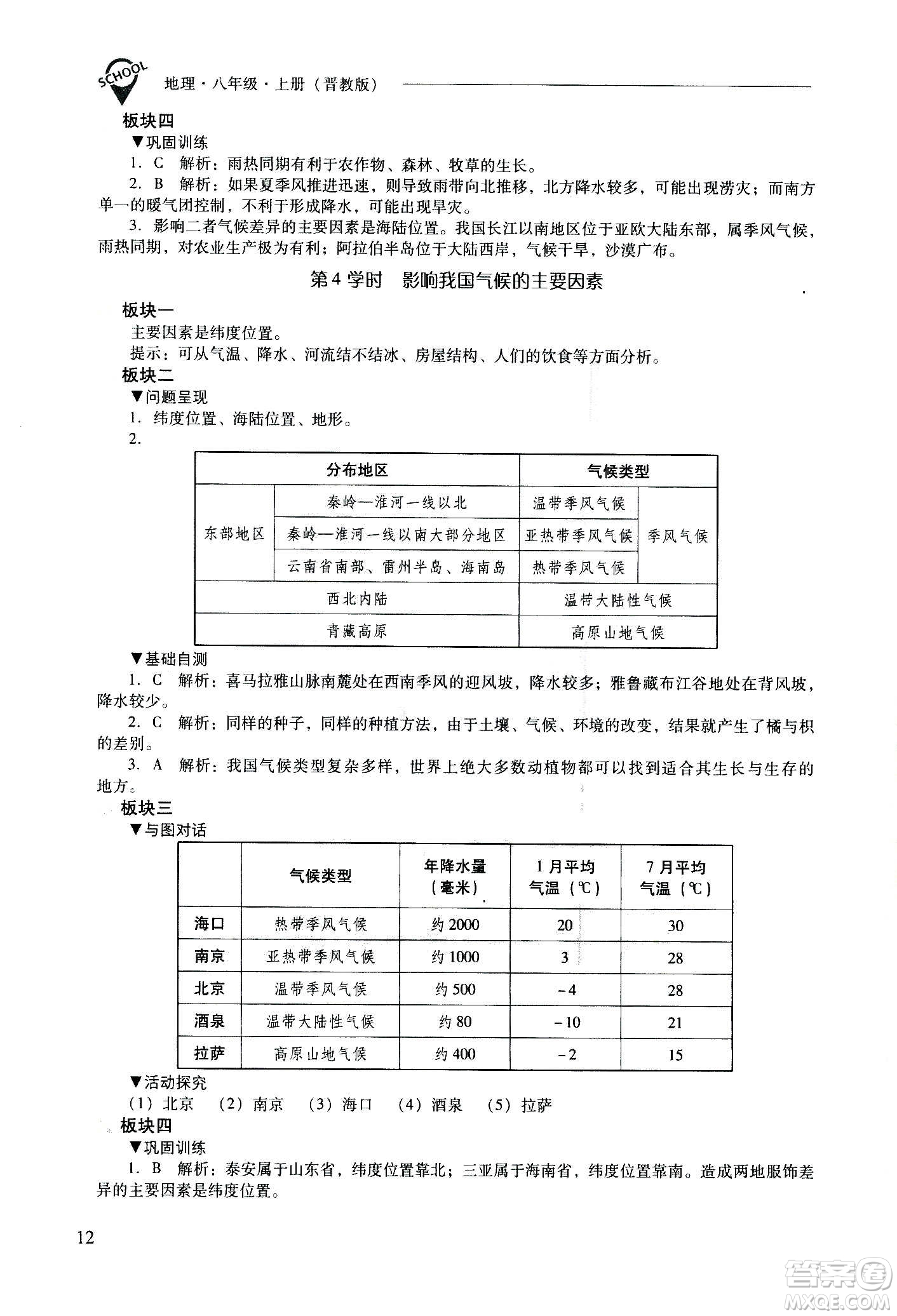 2020秋新課程問題解決導(dǎo)學(xué)方案八年級地理上冊晉教版參考答案