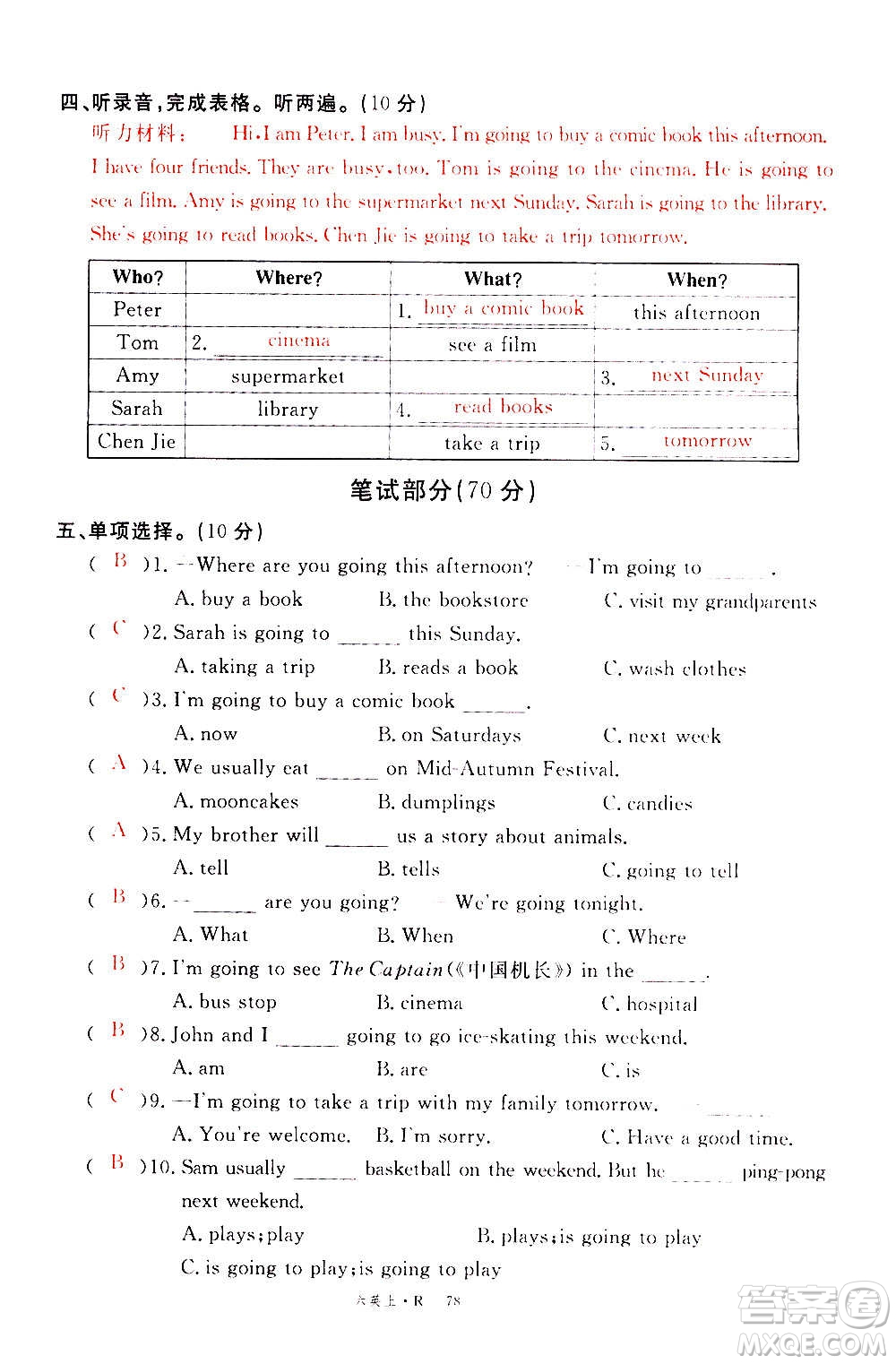 2020年新領(lǐng)程優(yōu)異真卷匯編英語(yǔ)六年級(jí)上冊(cè)R人教版答案