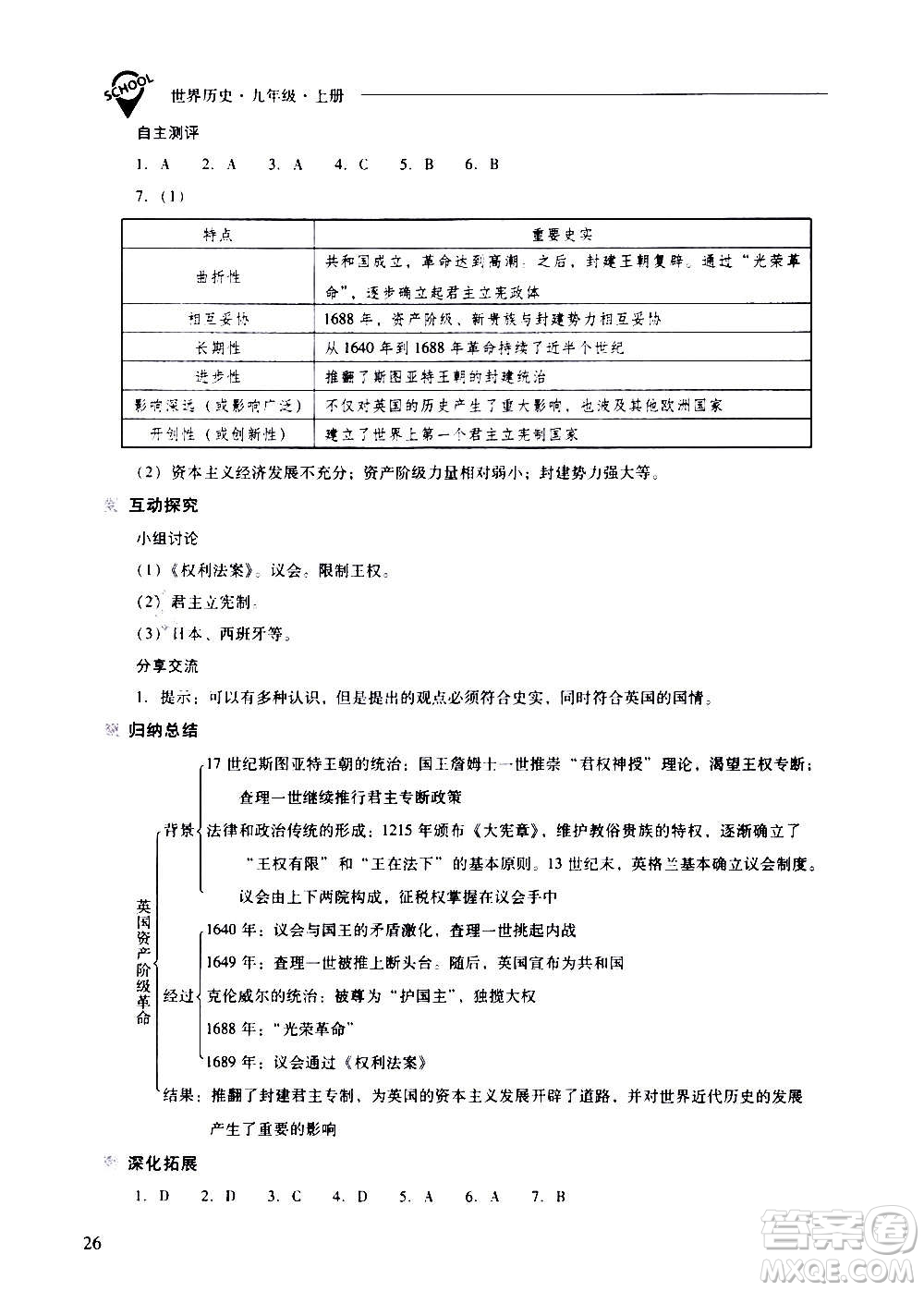 2020秋新課程問(wèn)題解決導(dǎo)學(xué)方案九年級(jí)世界歷史上冊(cè)人教版參考答案