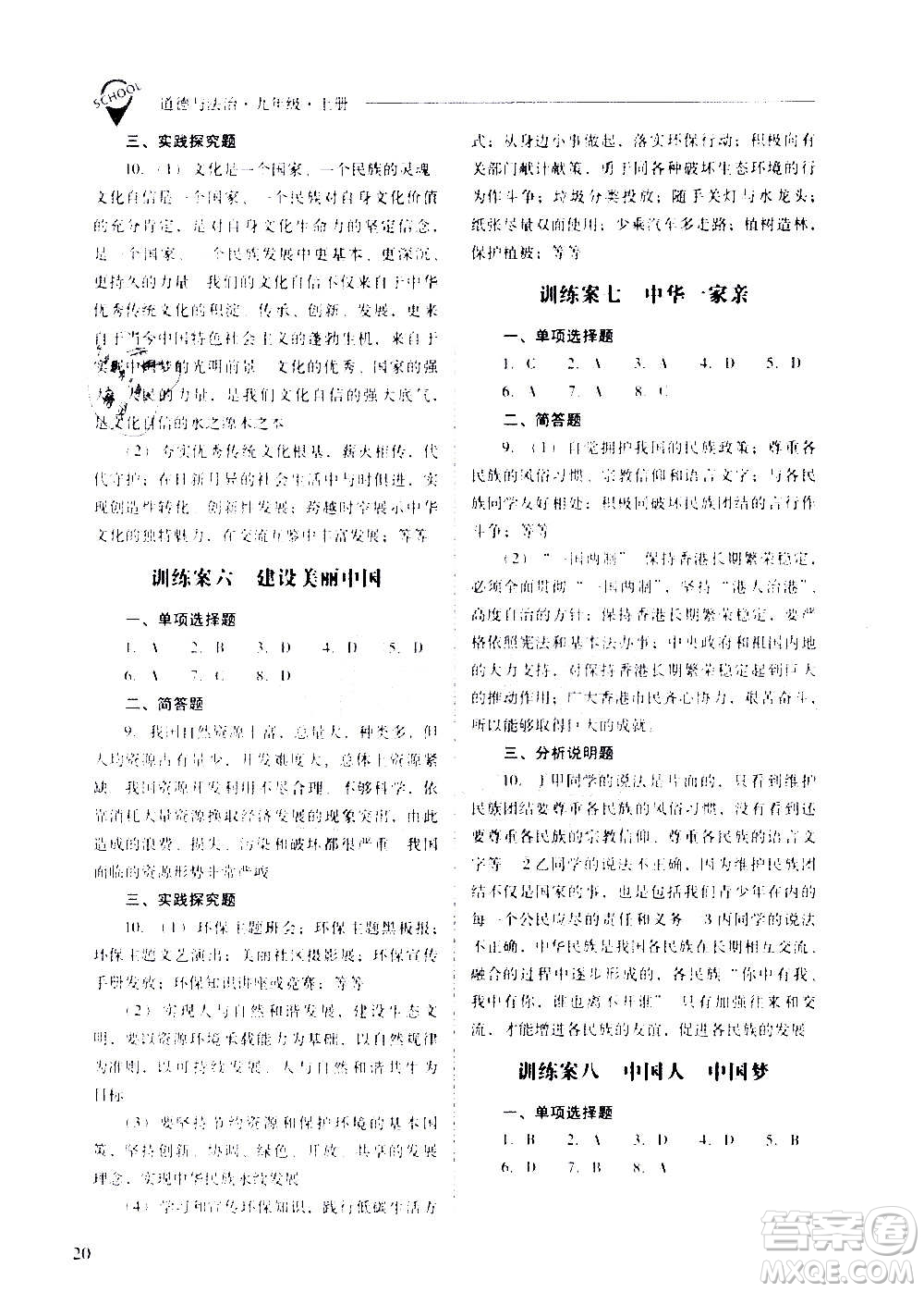 2020秋新課程問題解決導(dǎo)學(xué)方案九年級道德與法治上冊人教版參考答案