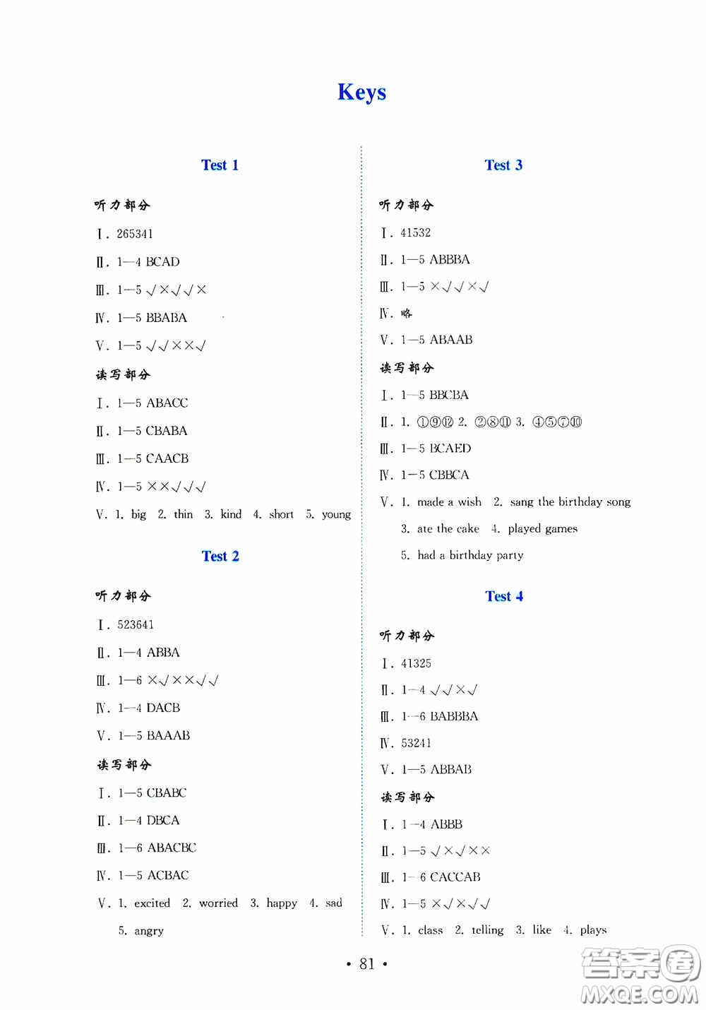 山東教育出版社2020金版金鑰匙小學英語試卷五年級上冊魯科版三年級起點答案