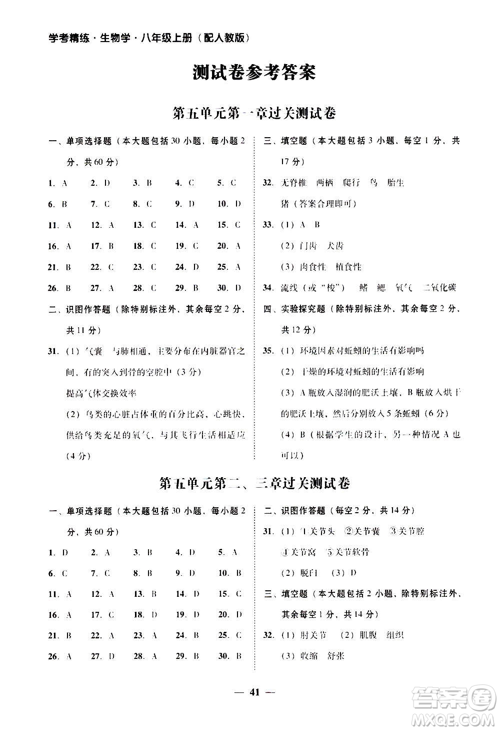 2020年南粵學(xué)典學(xué)考精練八年級(jí)生物學(xué)上冊(cè)人教版參考答案