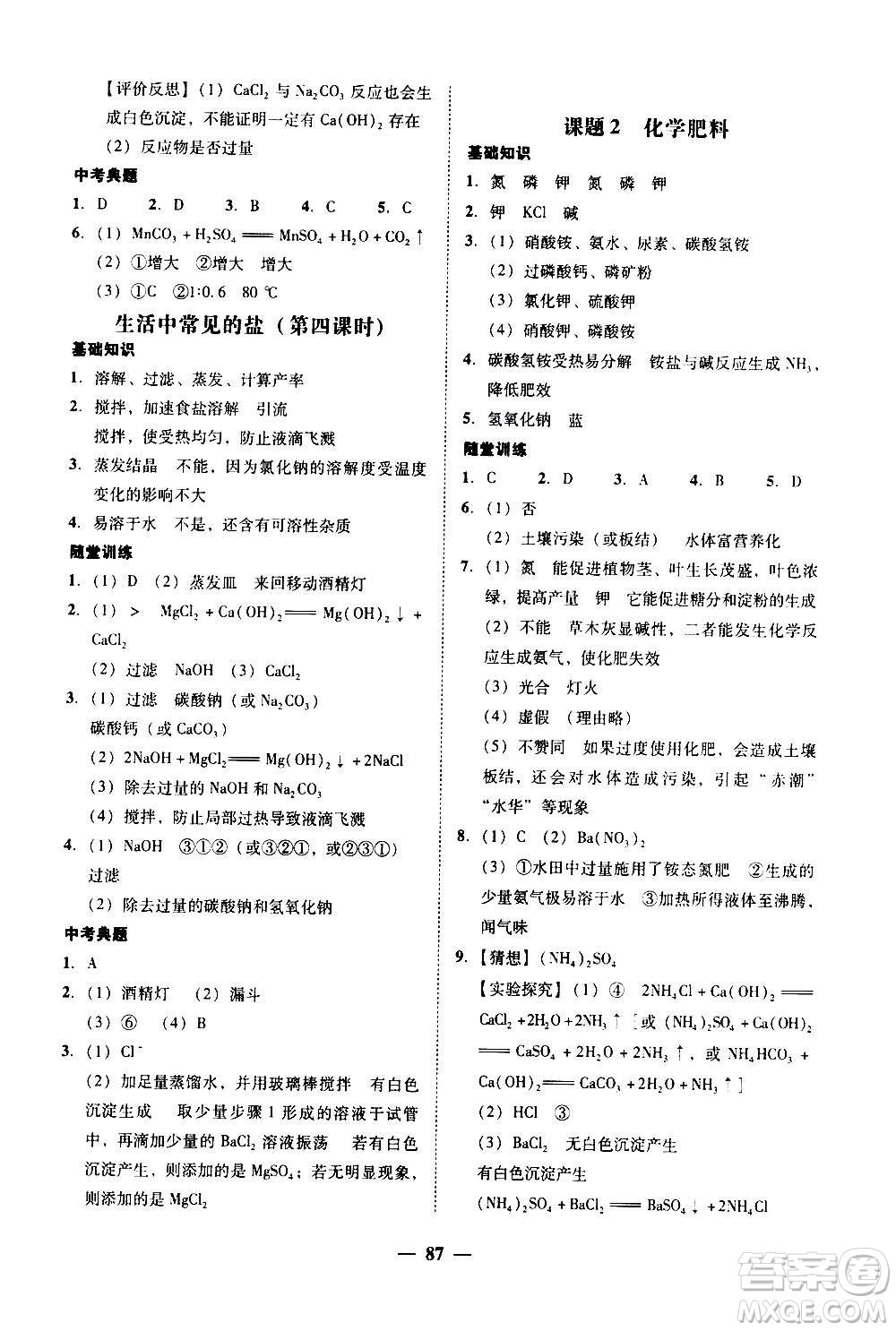 2020年南粵學(xué)典學(xué)考精練化學(xué)九年級全一冊人教版參考答案