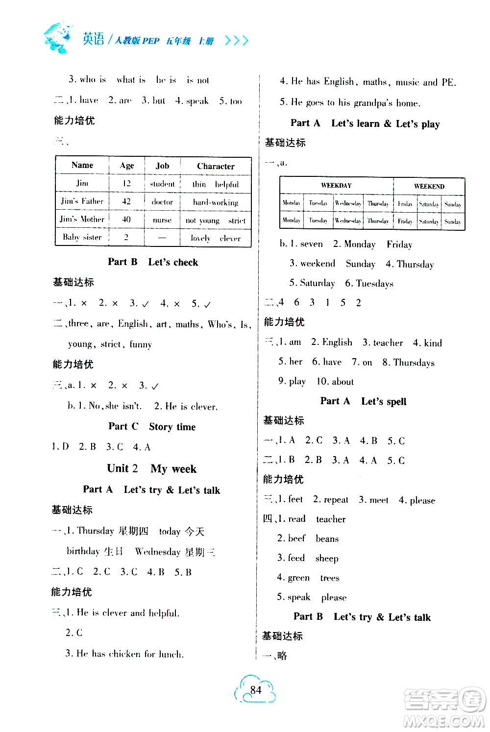 二十一世紀(jì)出版社2020年新課程新練習(xí)英語(yǔ)五年級(jí)上冊(cè)PEP人教版參考答案