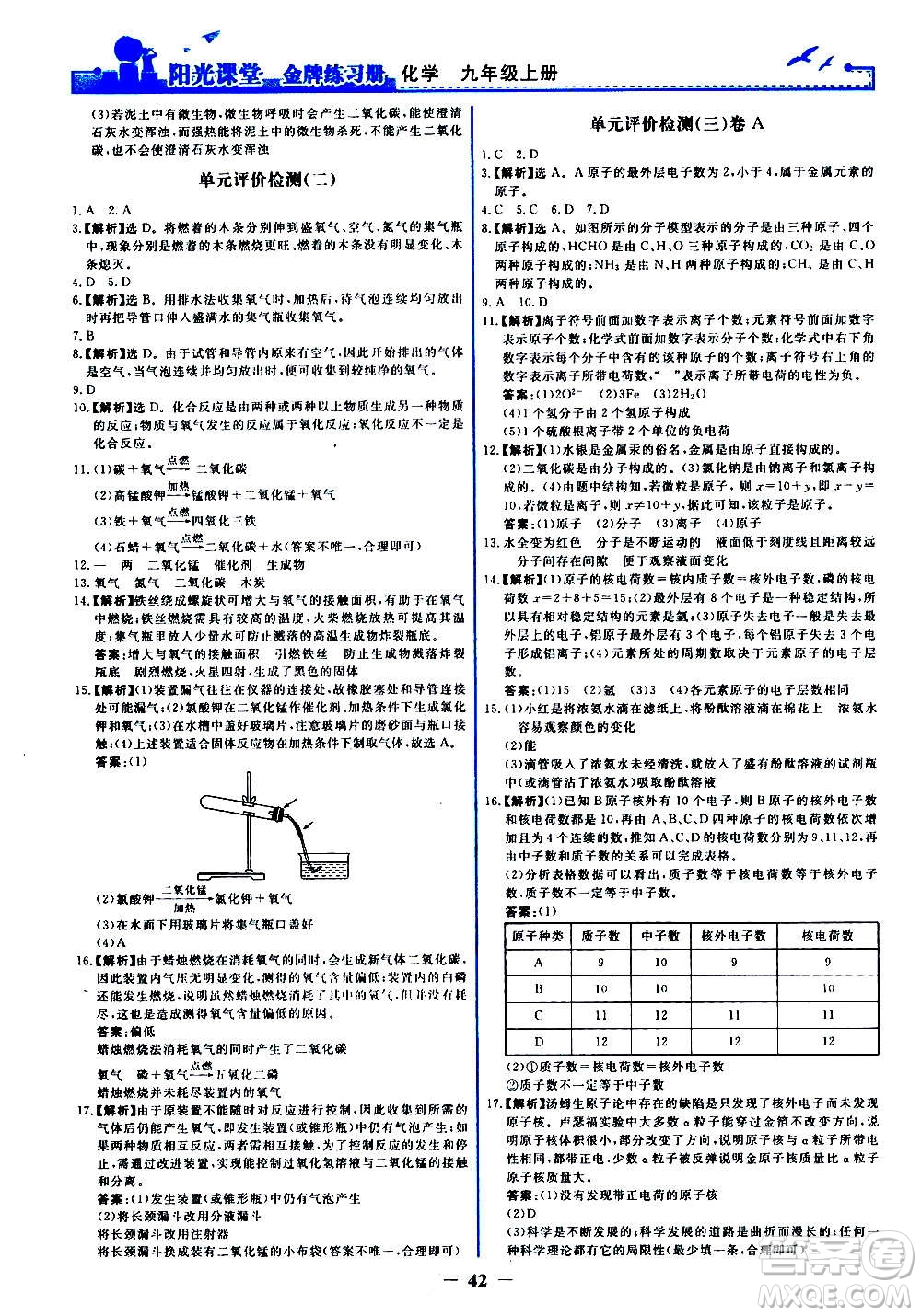 人民教育出版社2020年陽光課堂金牌練習冊化學九年級上冊人教版答案