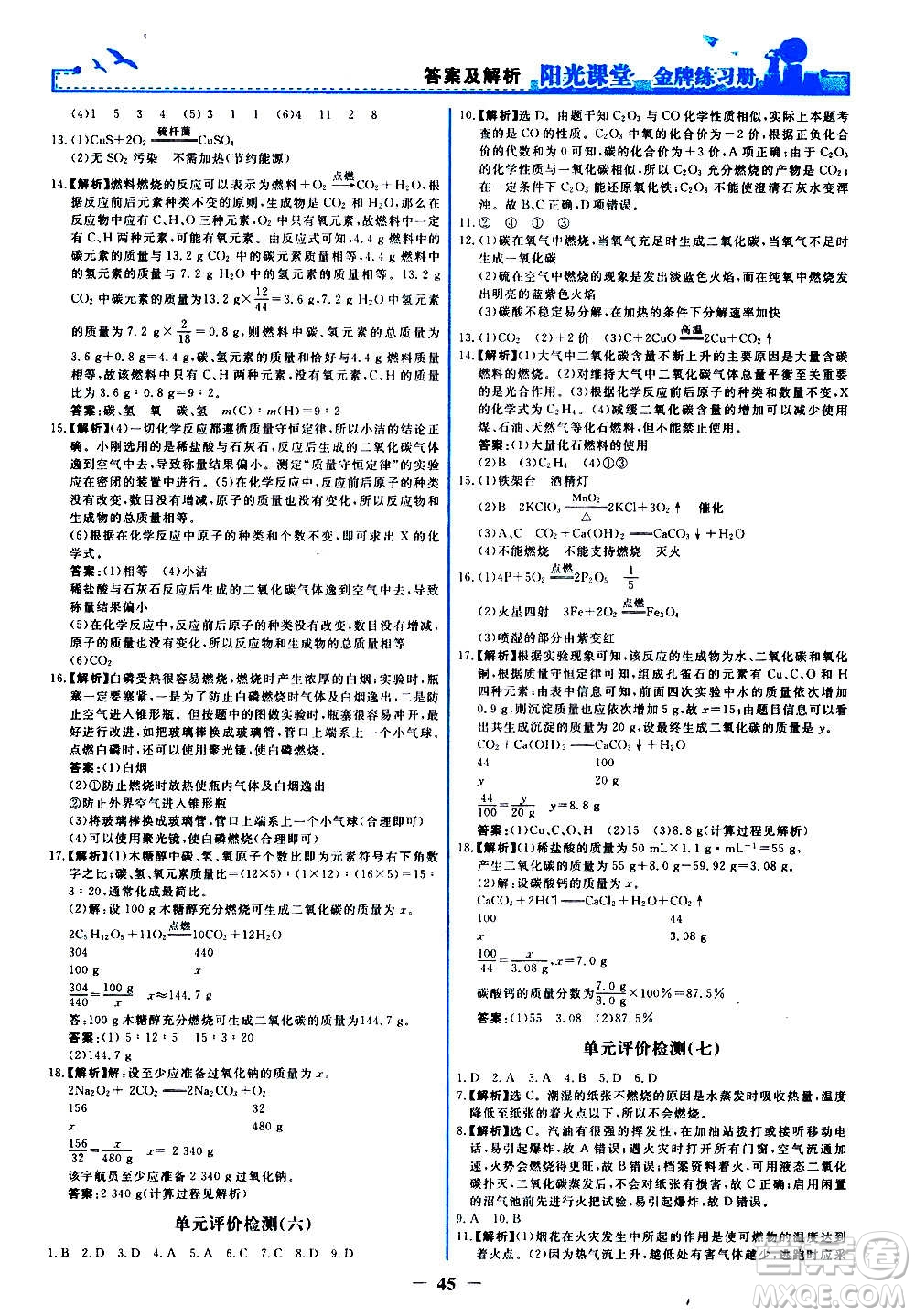 人民教育出版社2020年陽光課堂金牌練習冊化學九年級上冊人教版答案