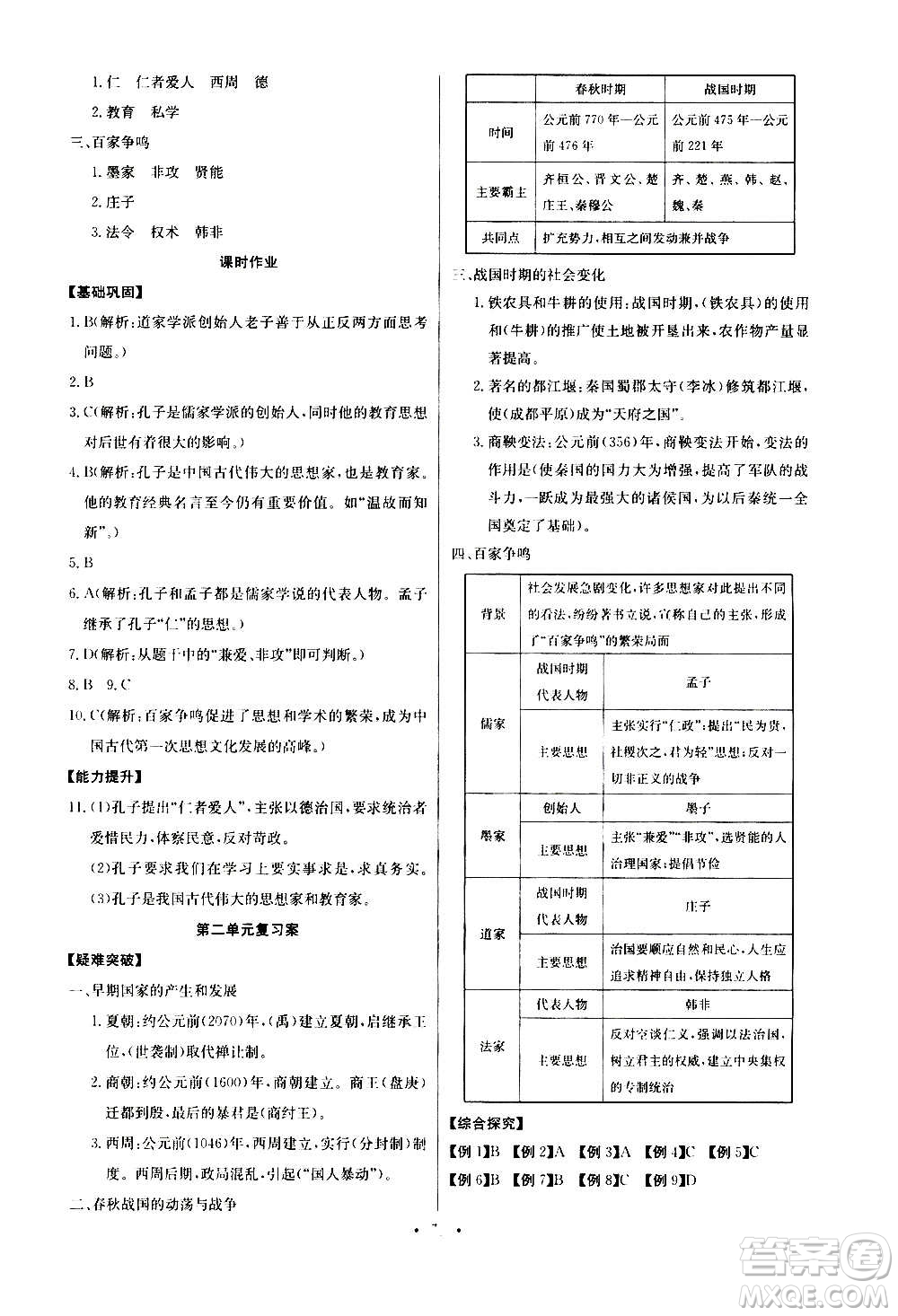 2020年長(zhǎng)江全能學(xué)案同步練習(xí)冊(cè)歷史七年級(jí)上冊(cè)人教版參考答案