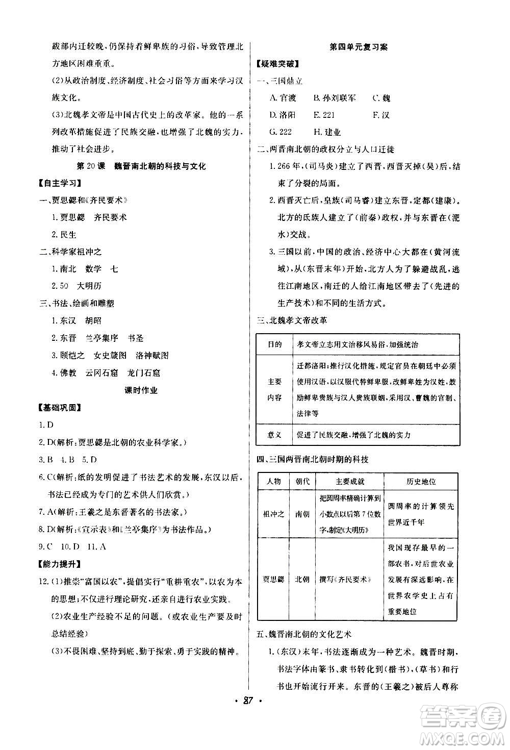 2020年長(zhǎng)江全能學(xué)案同步練習(xí)冊(cè)歷史七年級(jí)上冊(cè)人教版參考答案