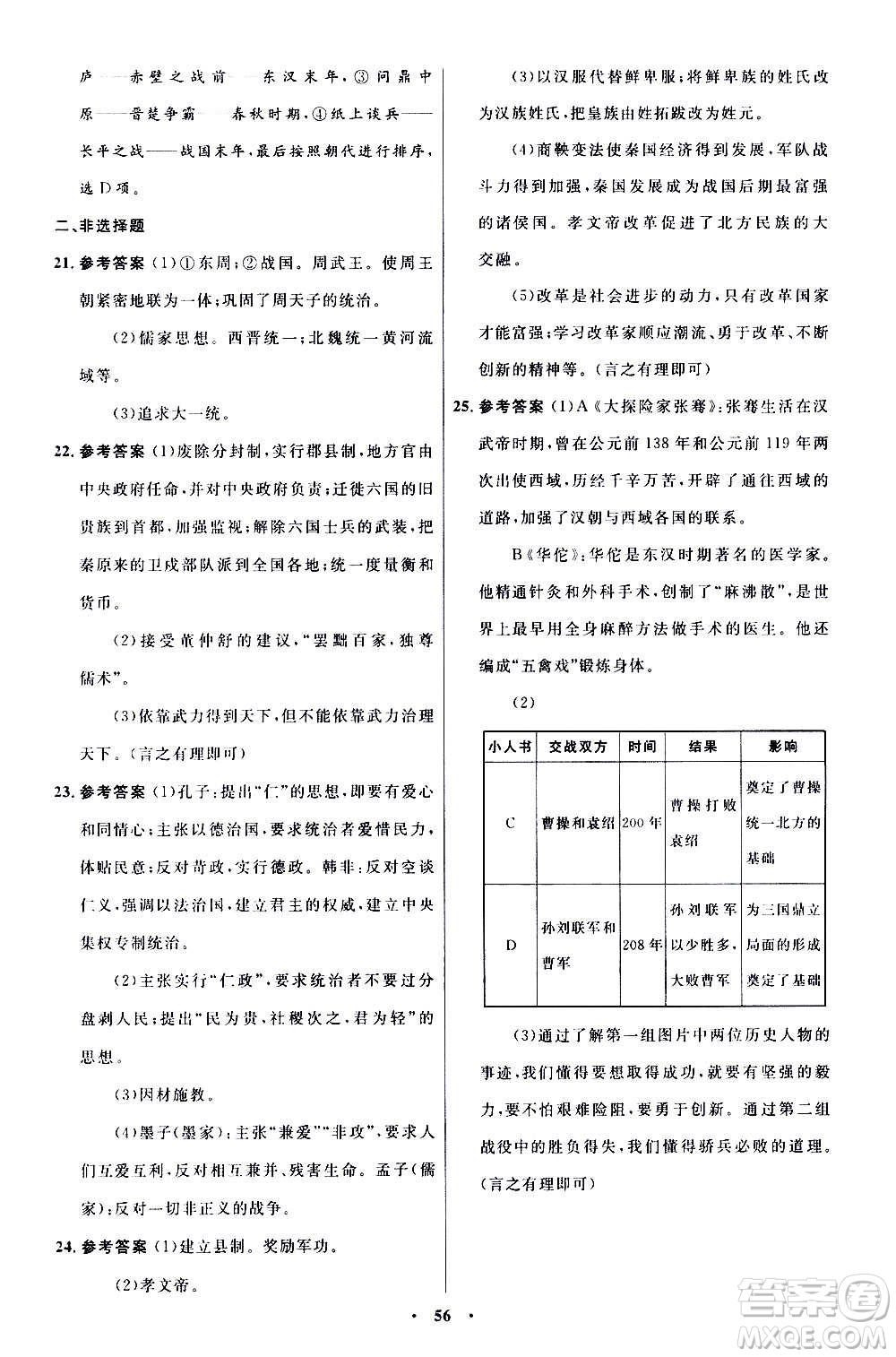 人民教育出版社2020初中同步測控優(yōu)化設(shè)計中國歷史七年級上冊人教版答案